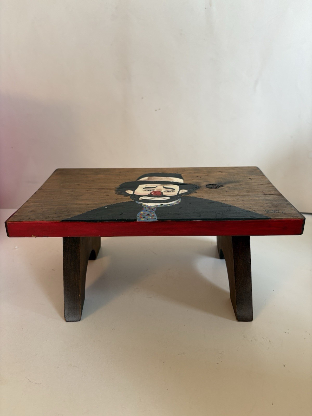 Small Hand Crafted Wood Bench Stool Doll Toy- Painted Clown SignedBy Jean Birch