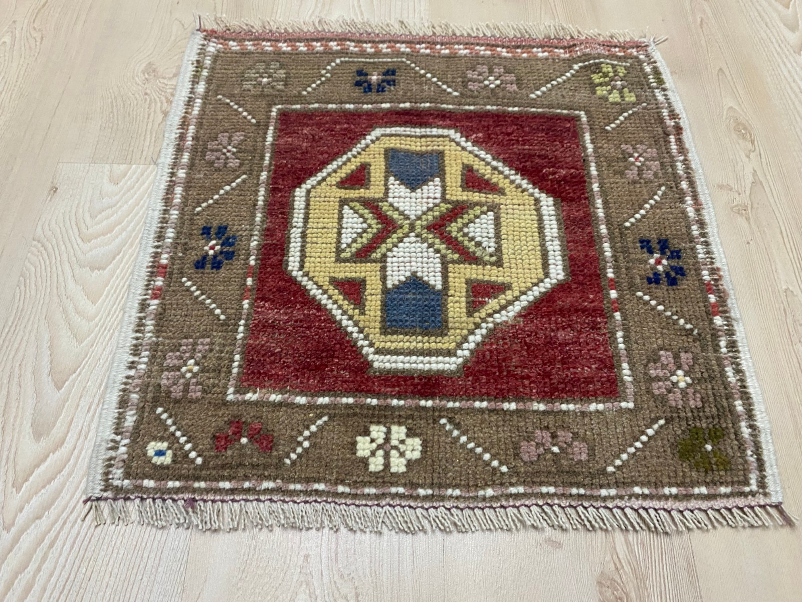 Anatolian Tribal Square Rug 1.7×1.8 ft Octagon Medallion Design Doormat Carpet