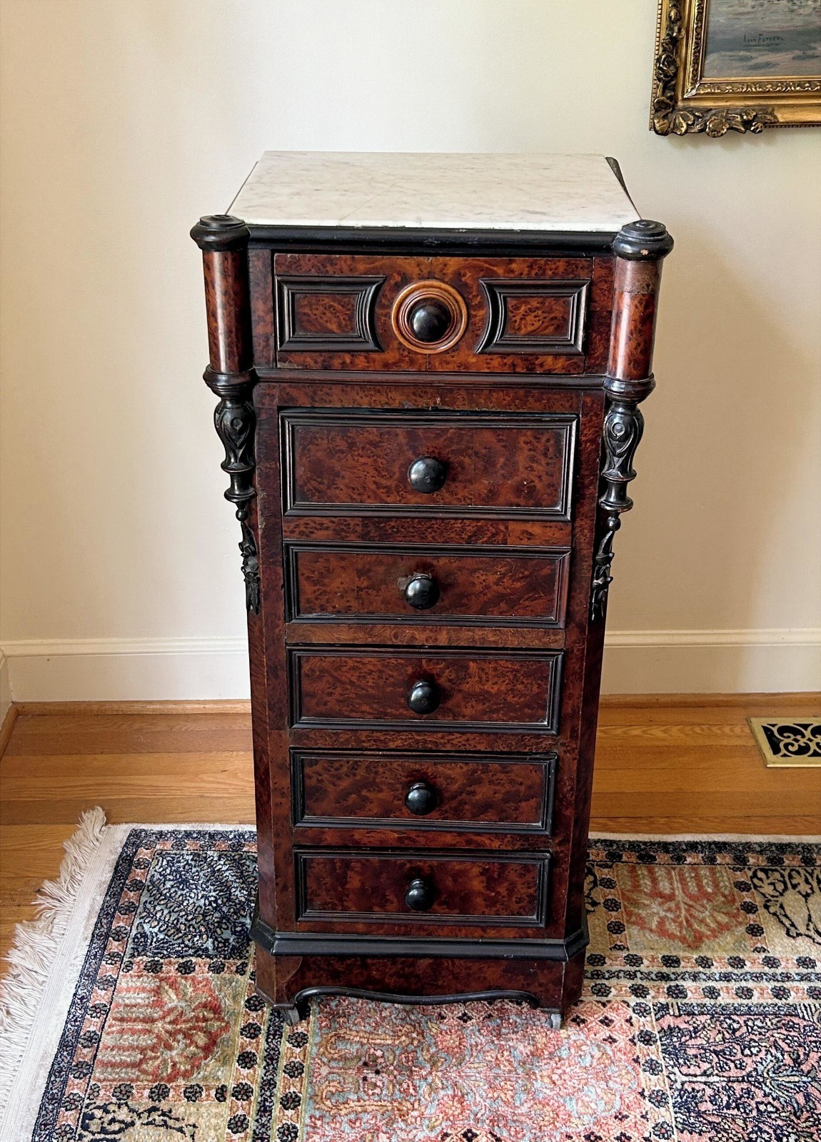 Antique French Bedside Table, Chamber Pot Cabinet; Burr Walnut Veneer Marble Top