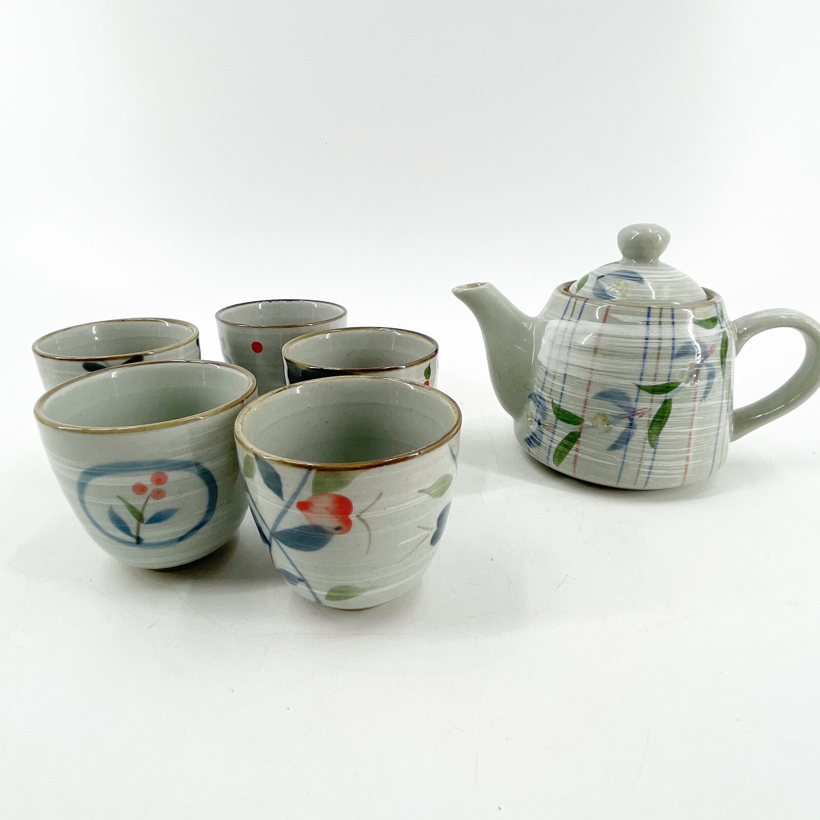VTG Japanese Arita Hasami Yaki Stoneware Tea Set Teapot & 5 Cups Hand Painted