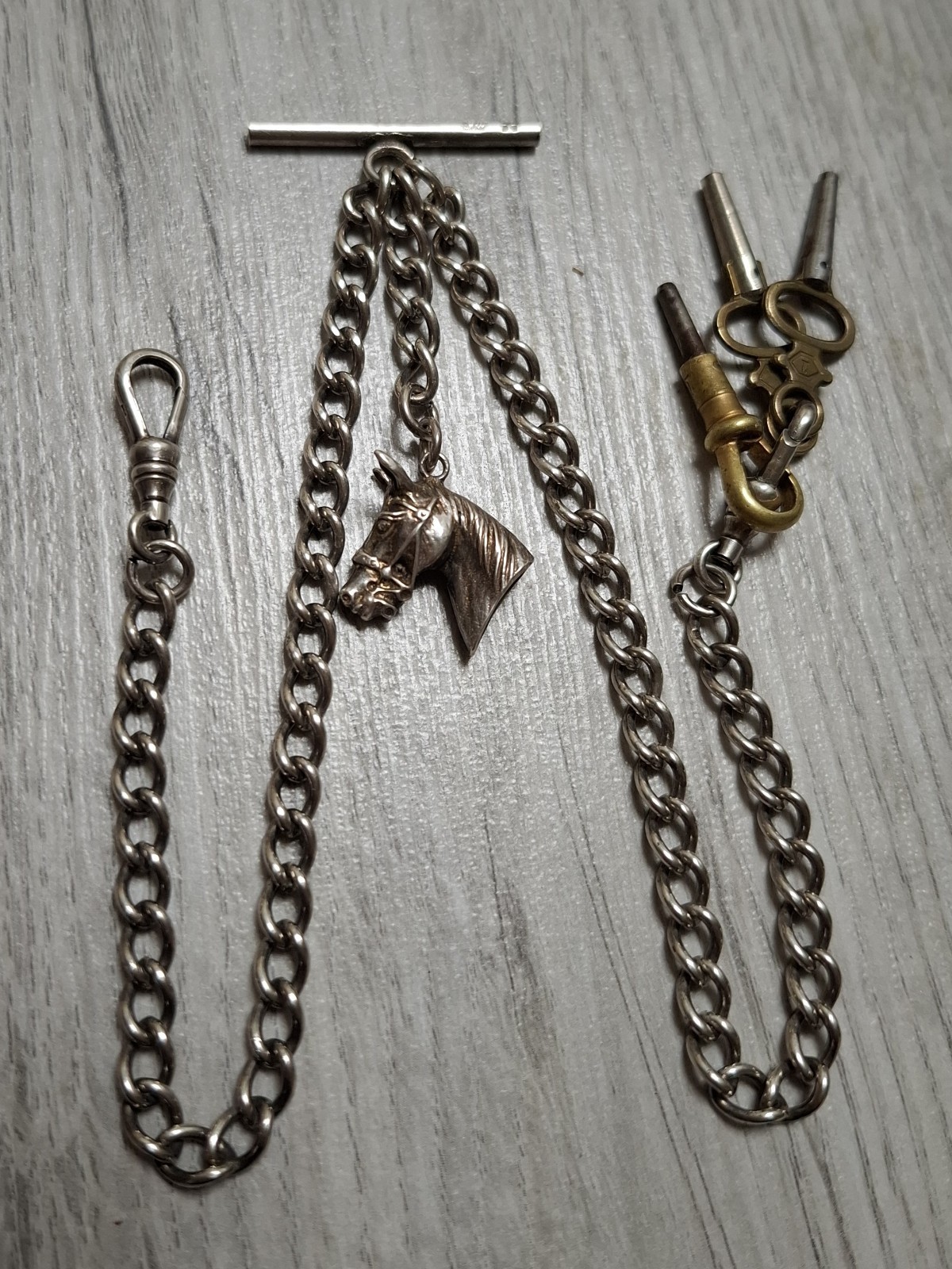 Antique Silver Albert Watch Chain w/ T-Bar Horse Head Charm & Keys 31.28g
