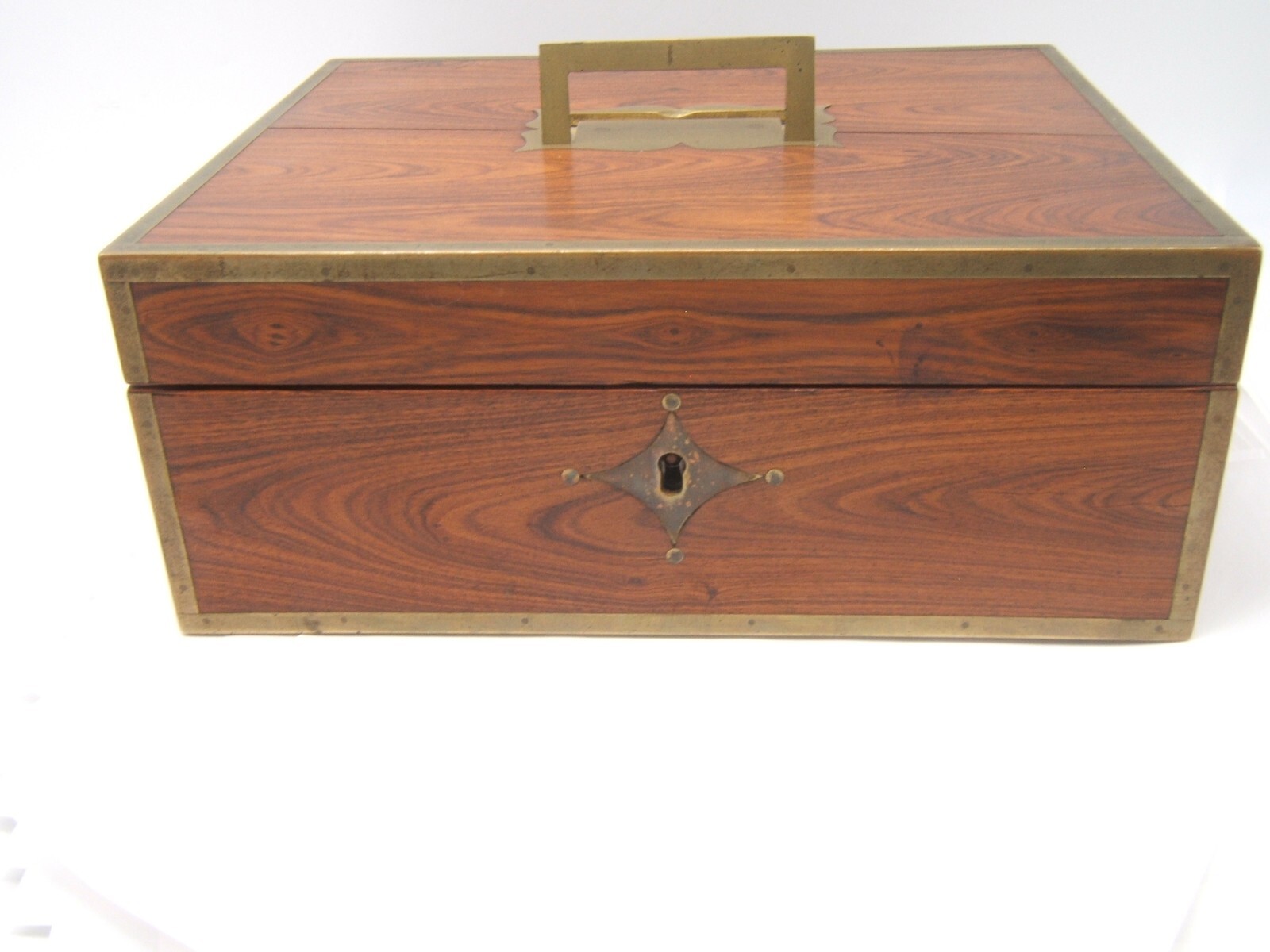 ANTIQUE ENGLISH WOOD BOX FLAMED WOOD BRASS INLAY VGC