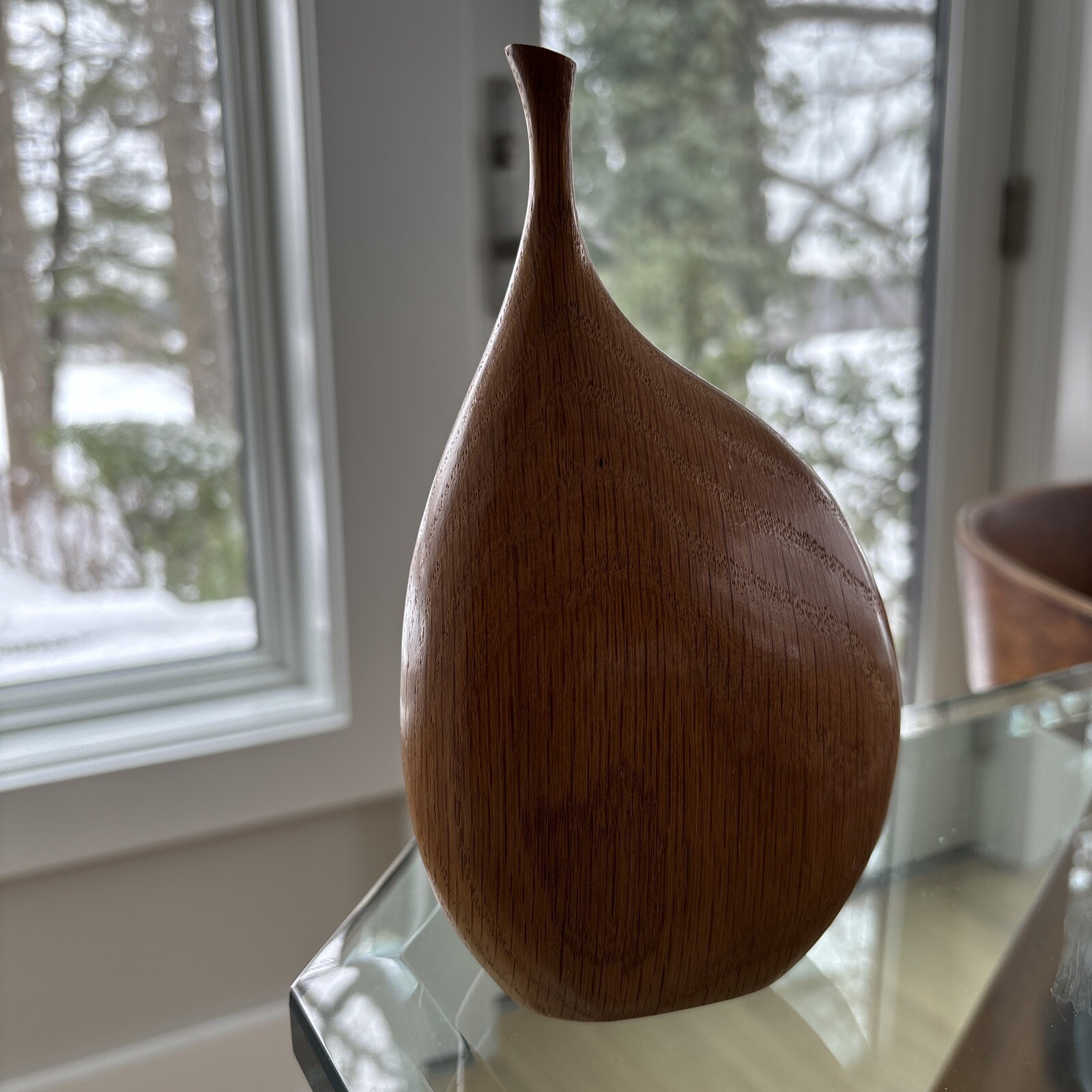 Vintage Asymmetrical Hand Carved Wood Vase Studio Craft Red Oak Signed E Cole