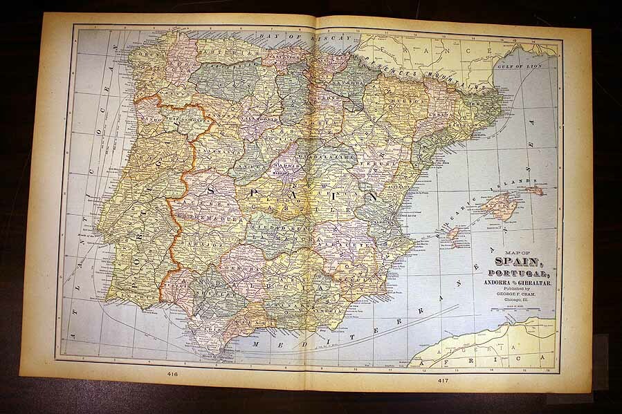Spain Portugal Andorra Gibraltar Antique Color Map 1901 Cram’s 14½” x 22″