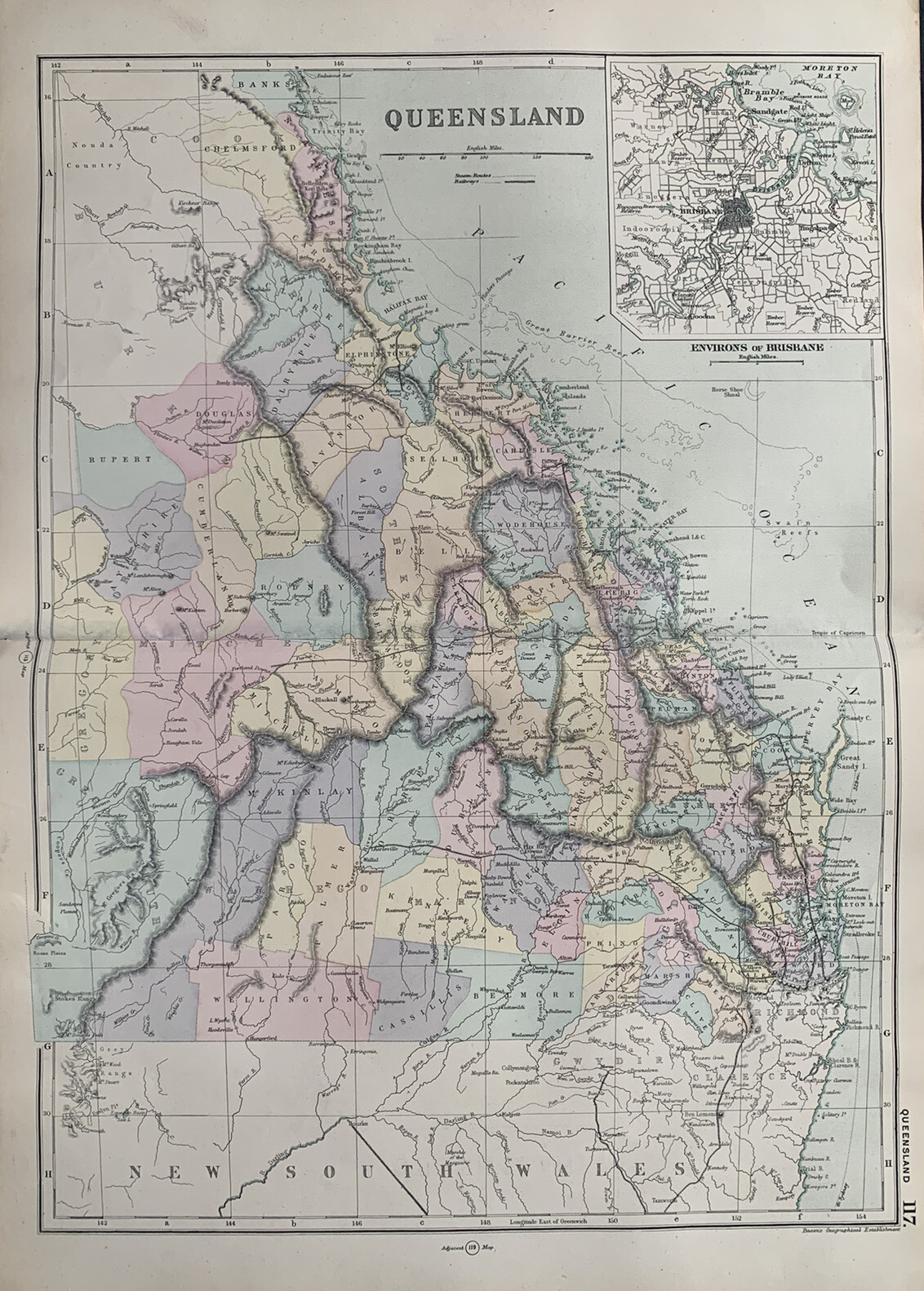 1891 Queensland Hand Coloured Original Antique Map by G.W. Bacon