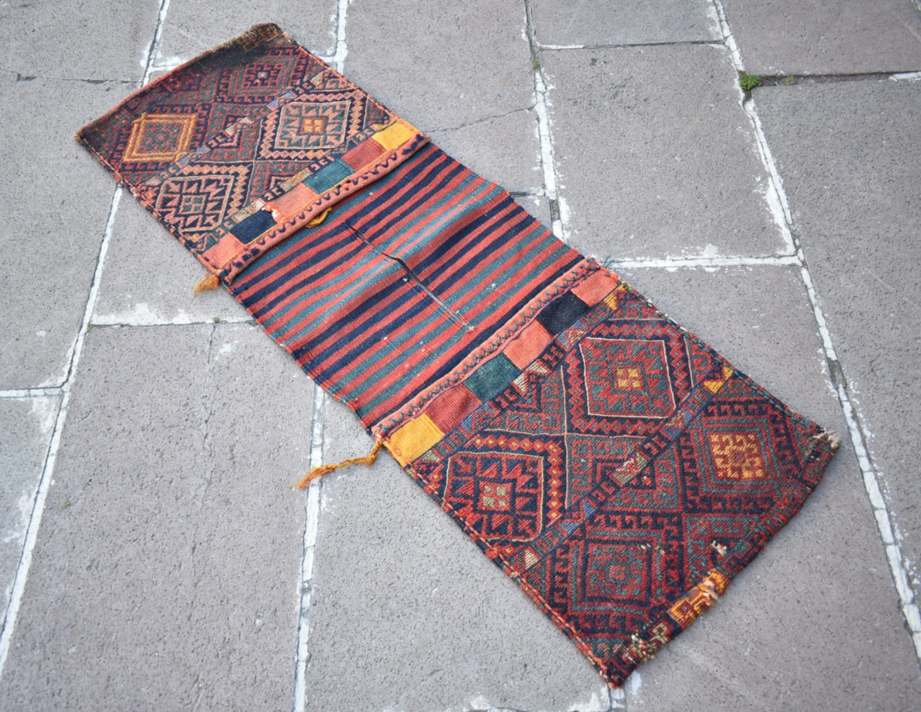 Antique Kurdish Saddlebag Rug 15” x 42” Collector’s Item Soumak Herki Wool Rug