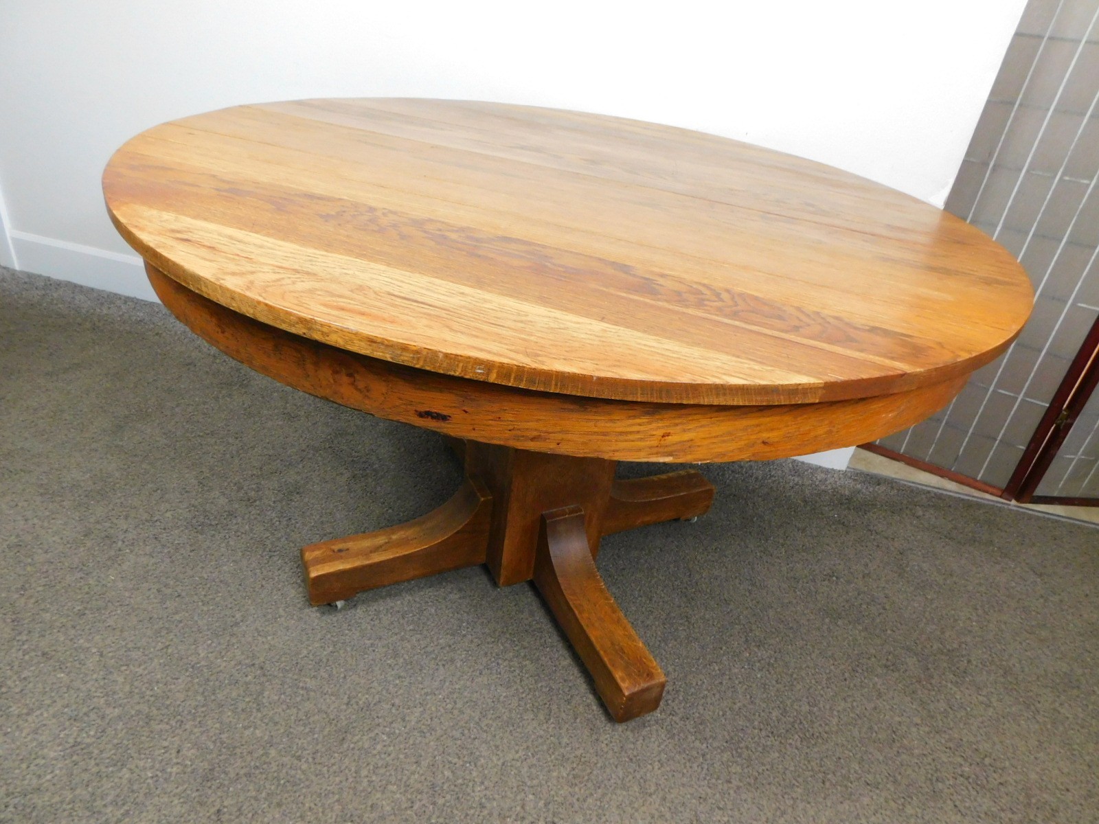 Antique Solid Oak 48″ Mission Arts Crafts Round Dining Table Pedestal Base SHIPS