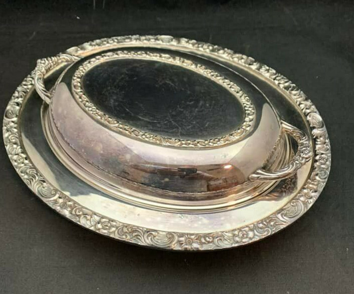 Silverplate Double Vegetable Dish with rose scroll rim