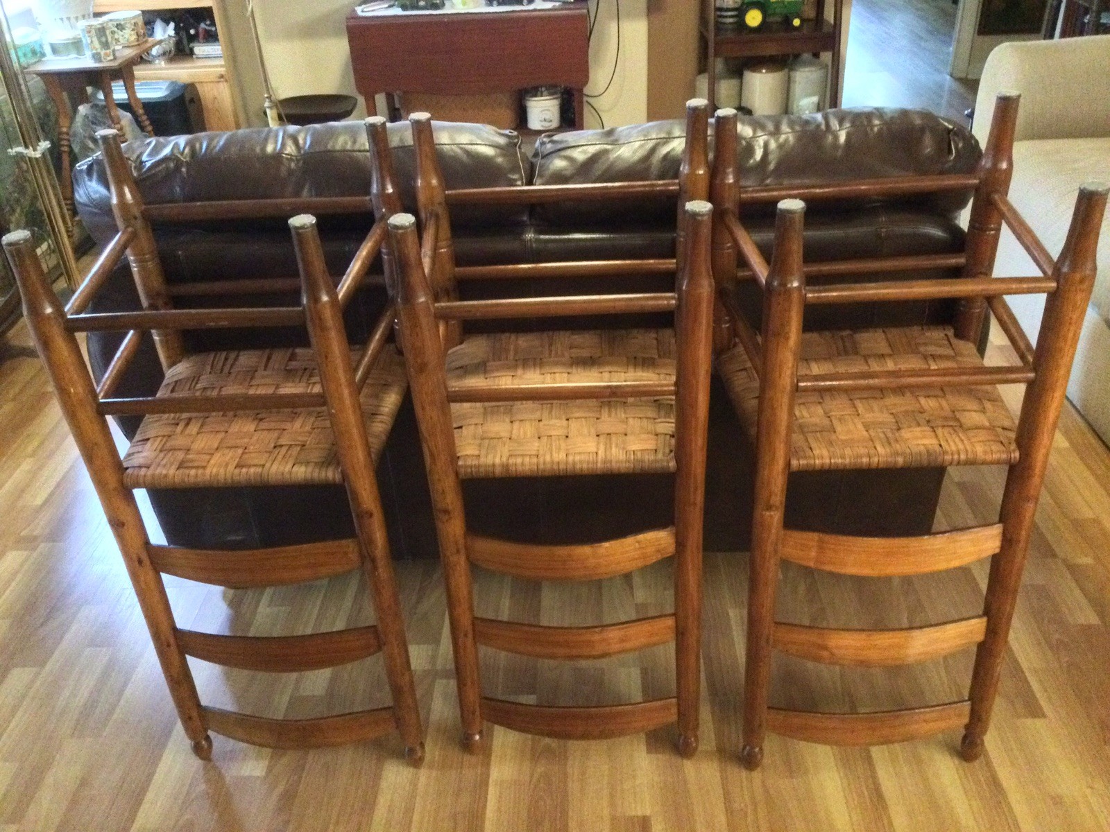 Vintage Lot Of 3 Ladder Back Chairs, Wood, Woven Rush Seats, Unbranded.