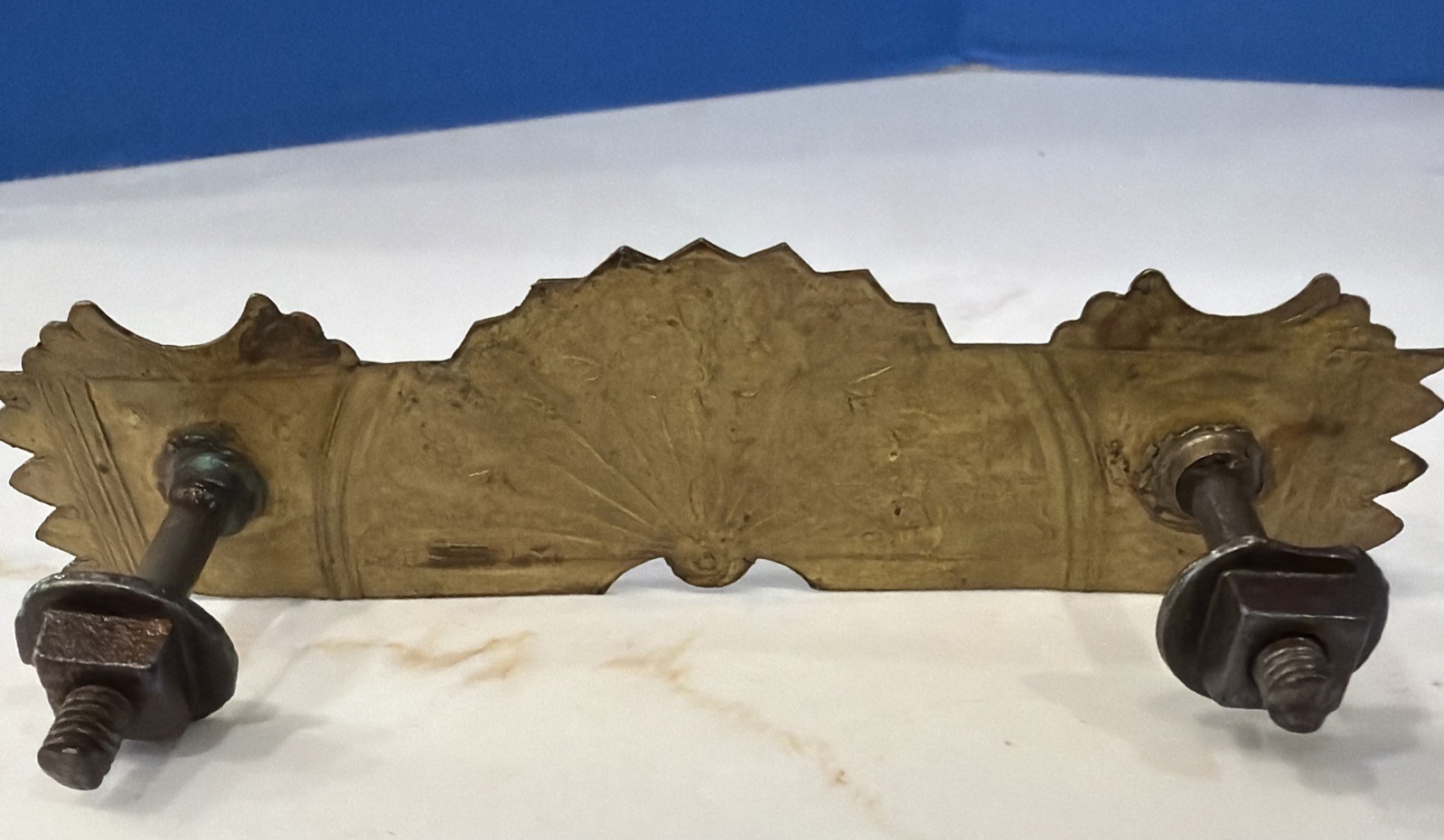 Set of 6 Eastlake VTG Stamped Brass Escutcheon Flower Fan Design Steel Bail Pull