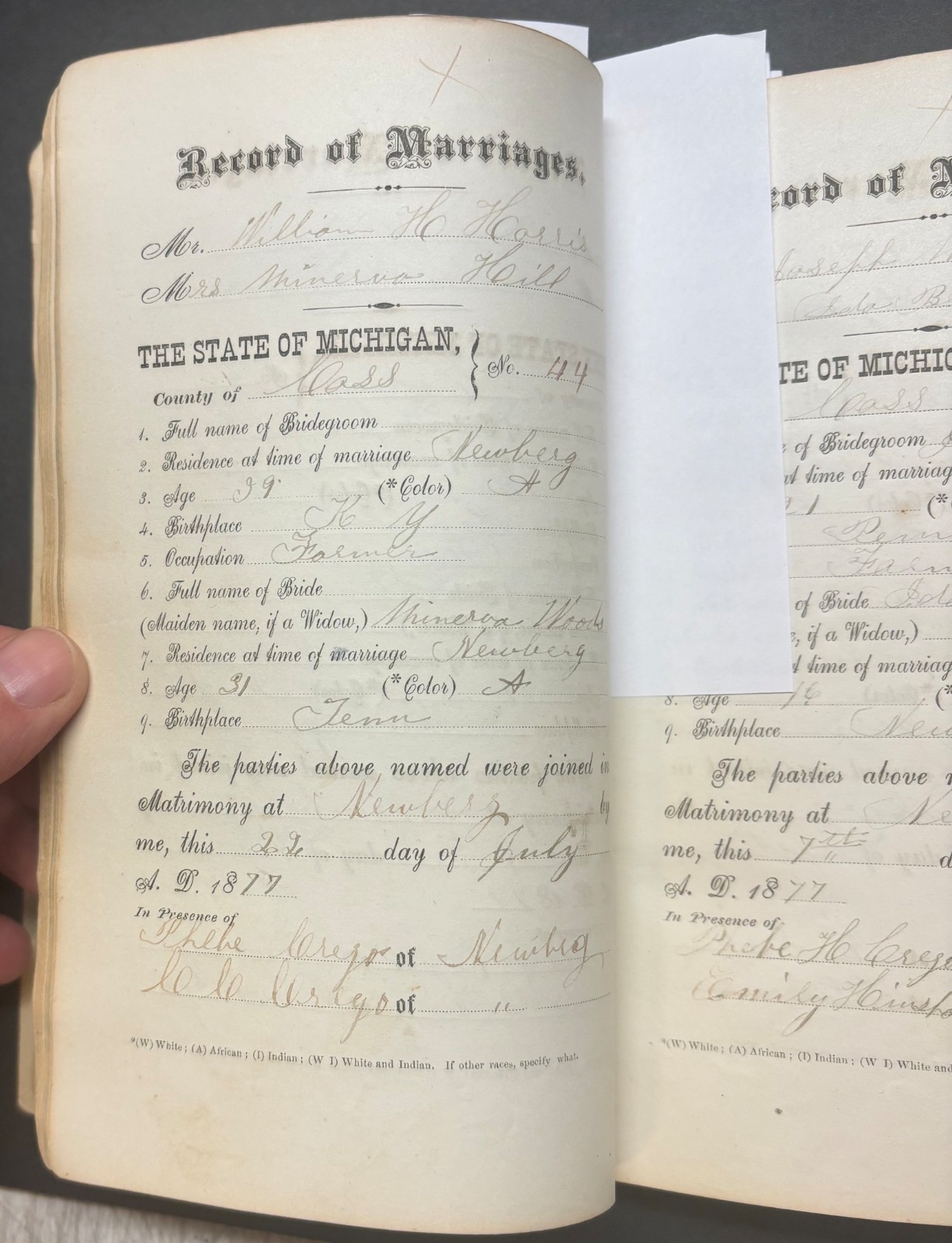 Antique 1869 Cass MICHIGAN Justice of Peace MARRIAGE RECORDS w AFRICAN AMERICANS