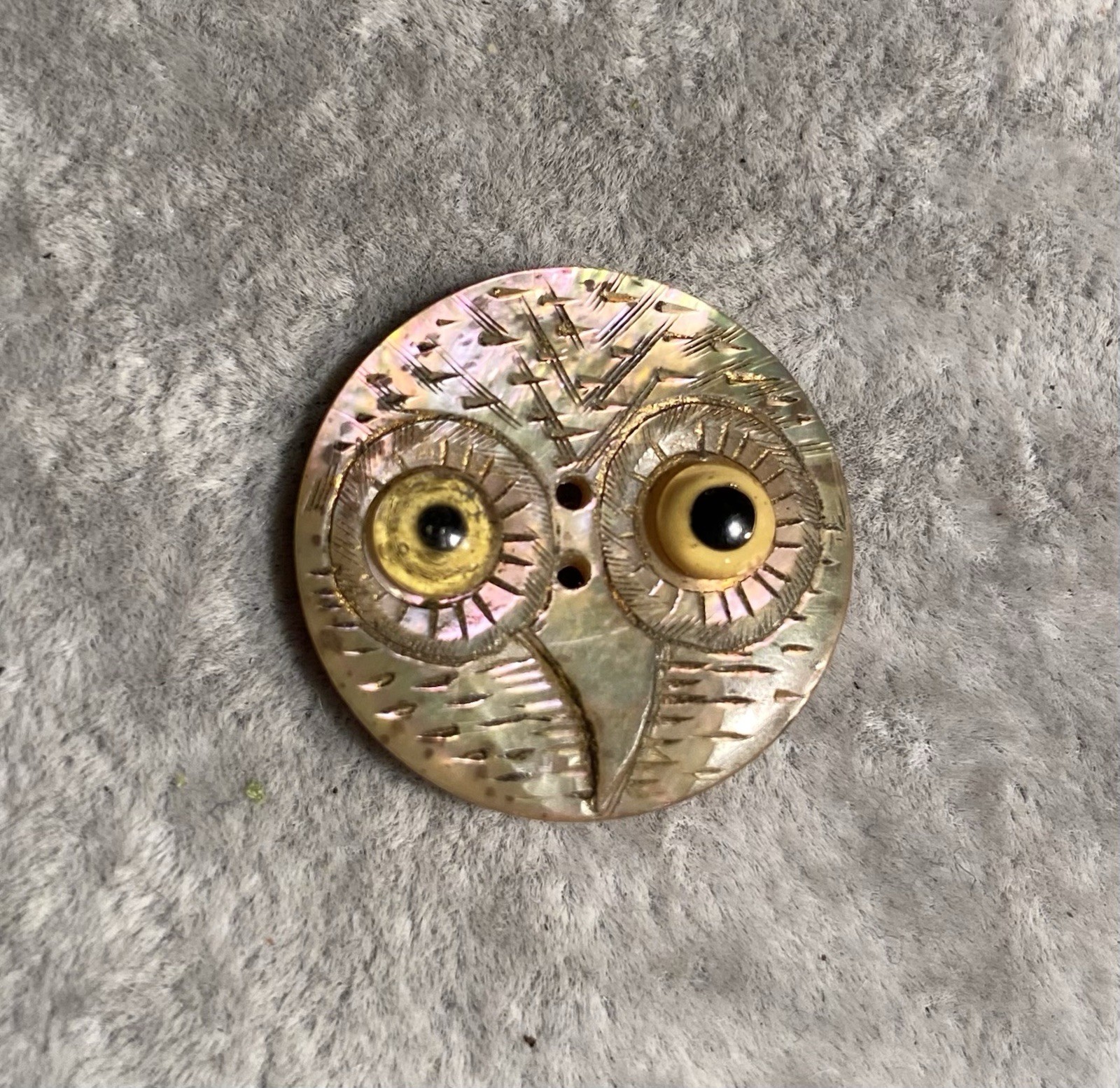 Victorian Carved Shell Owl Face Antique Button Rare! 15/16” Diameter