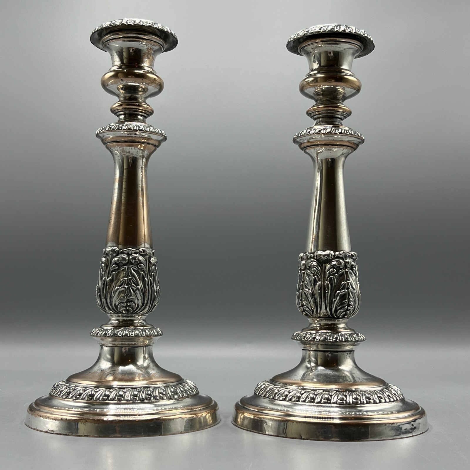 Pair Antique Old Sheffield Plate Candlesticks Georgian Silver Plated 19thC Tall