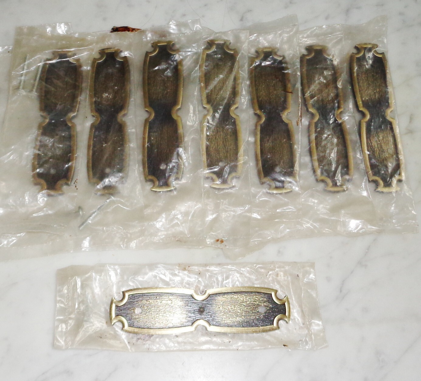 8 Signed HYER Brass Back Plates, 4 3/8 in w 3 inch Screw Holes