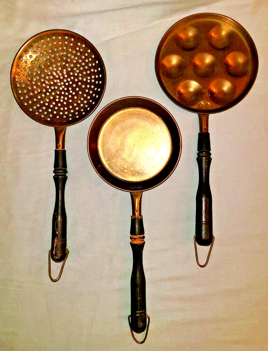 Antique country primitive set – brass egg poacher, pan, strainer w wood handles