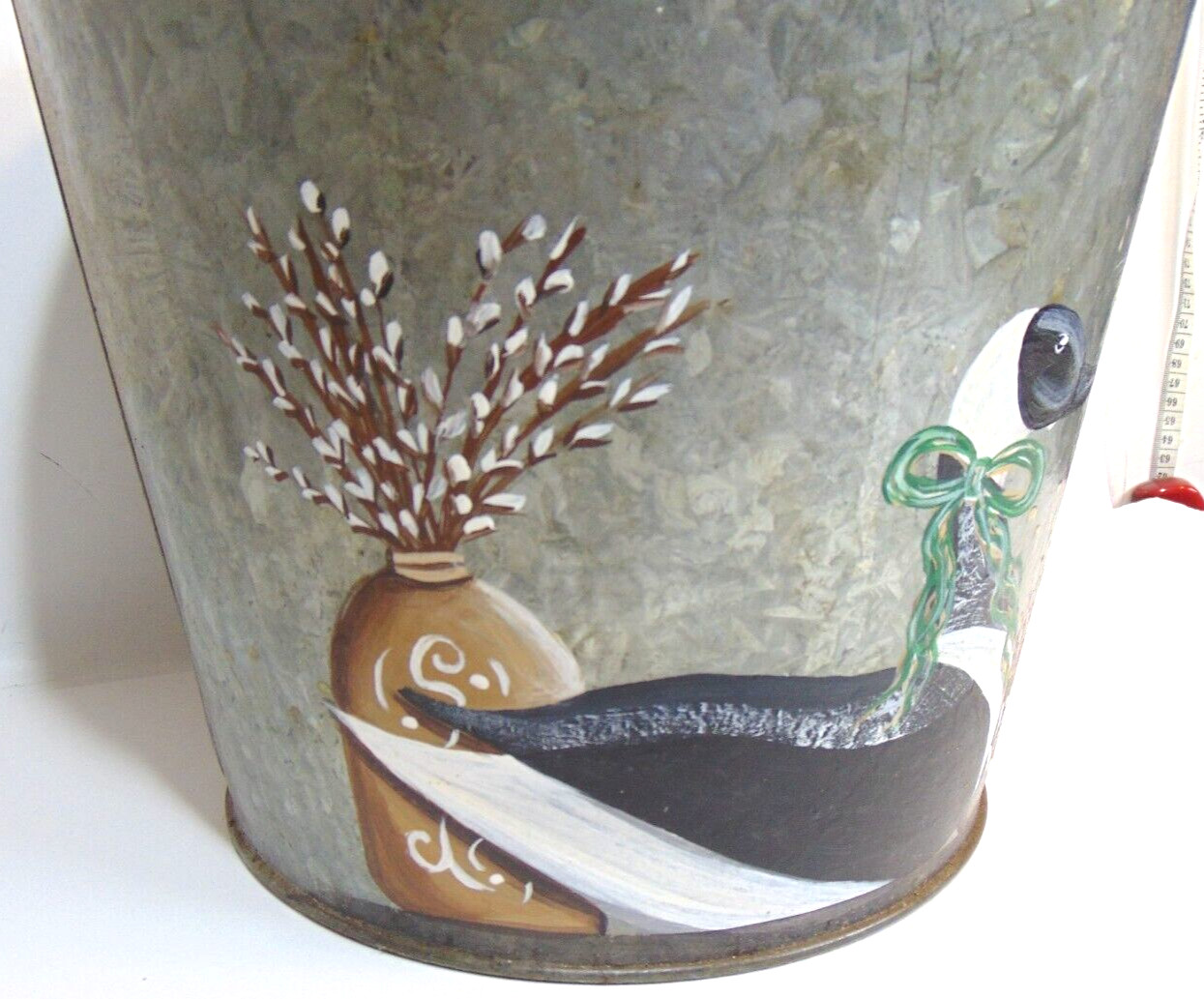 Eider Duck Waste Basket Water Bucket Pail Antique Galvanized Feed Hand Painted