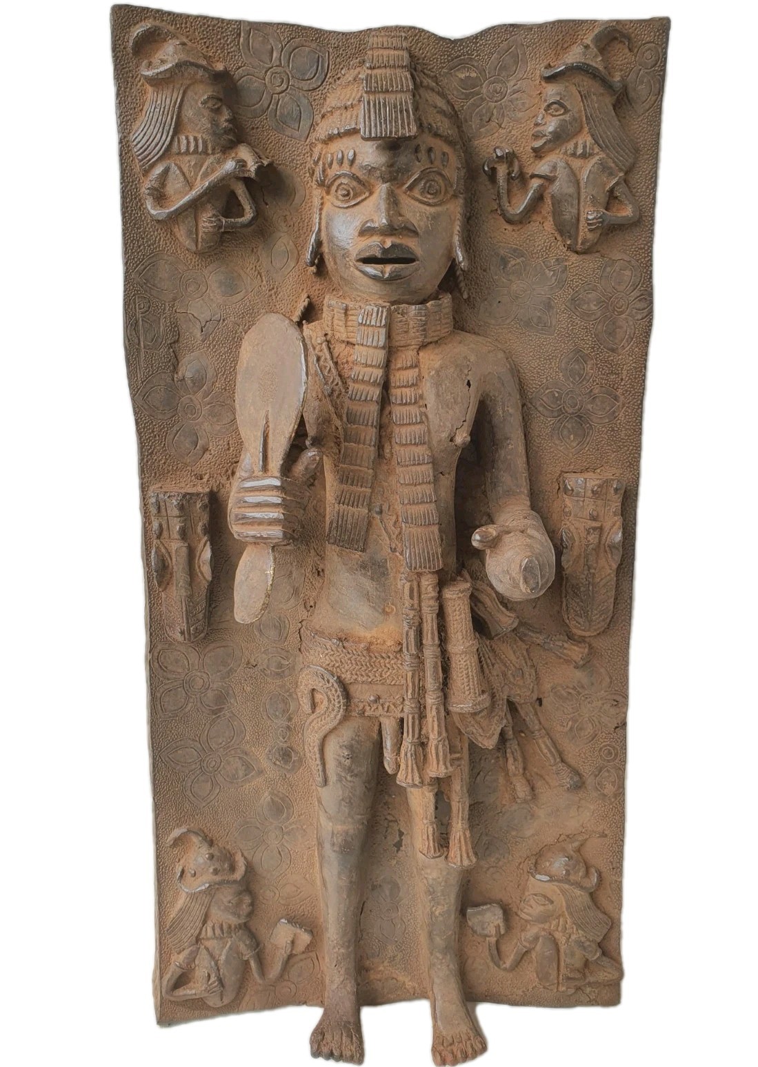 Outstanding Benin Bronze Warrior Plaque. Authentic, Old and rare. 58cm. Nigeria.