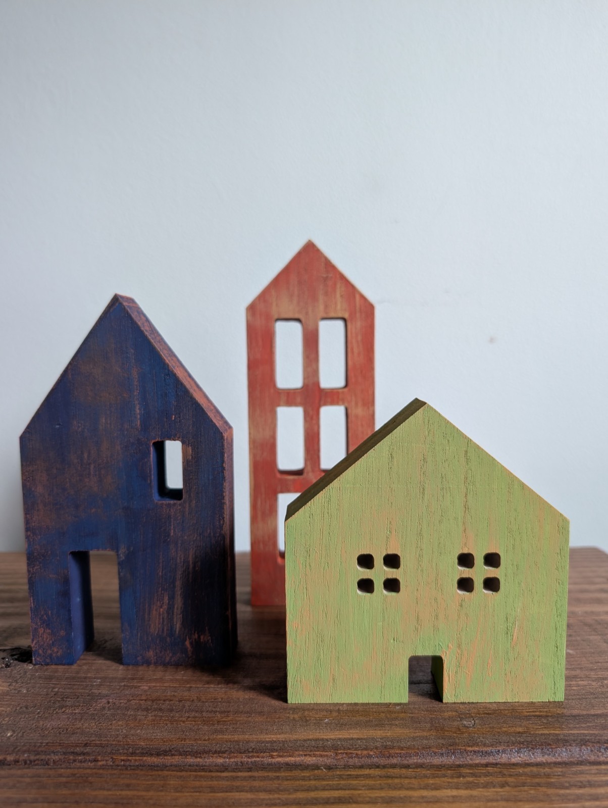 Hand-Painted Saltbox Wood House Shelf Tiered Decor Set 3 Rustic Modern Farmhouse