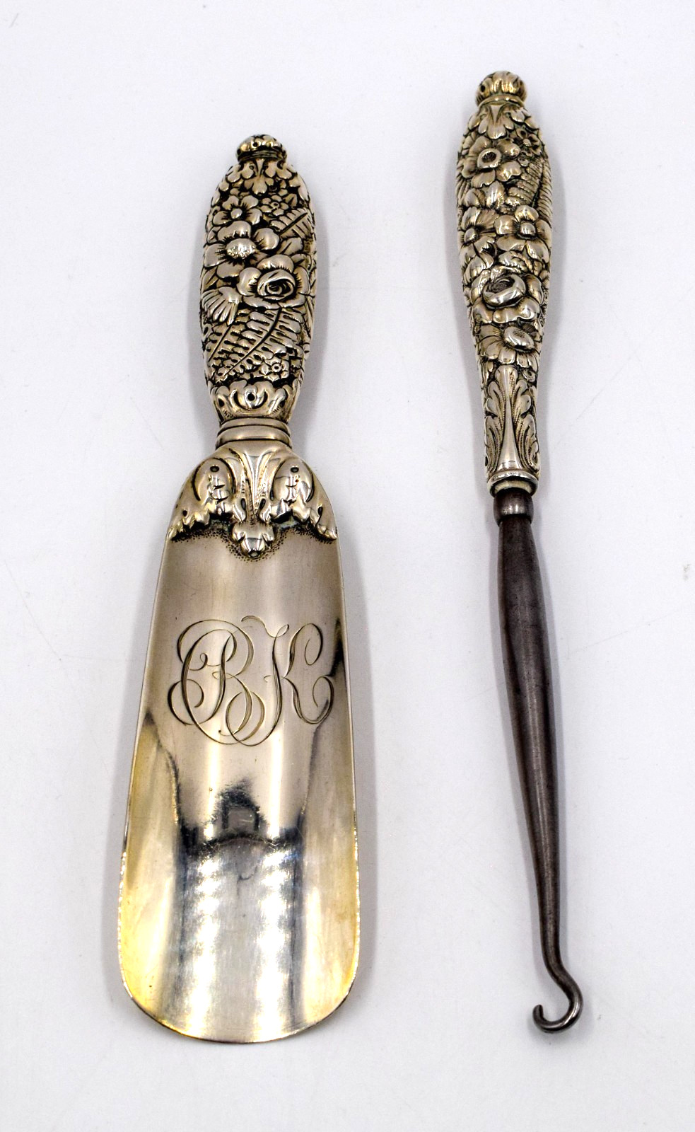 Tiffany Sterling Silver Shoe Horn w/Shoe Button Hook – Floral Repousse