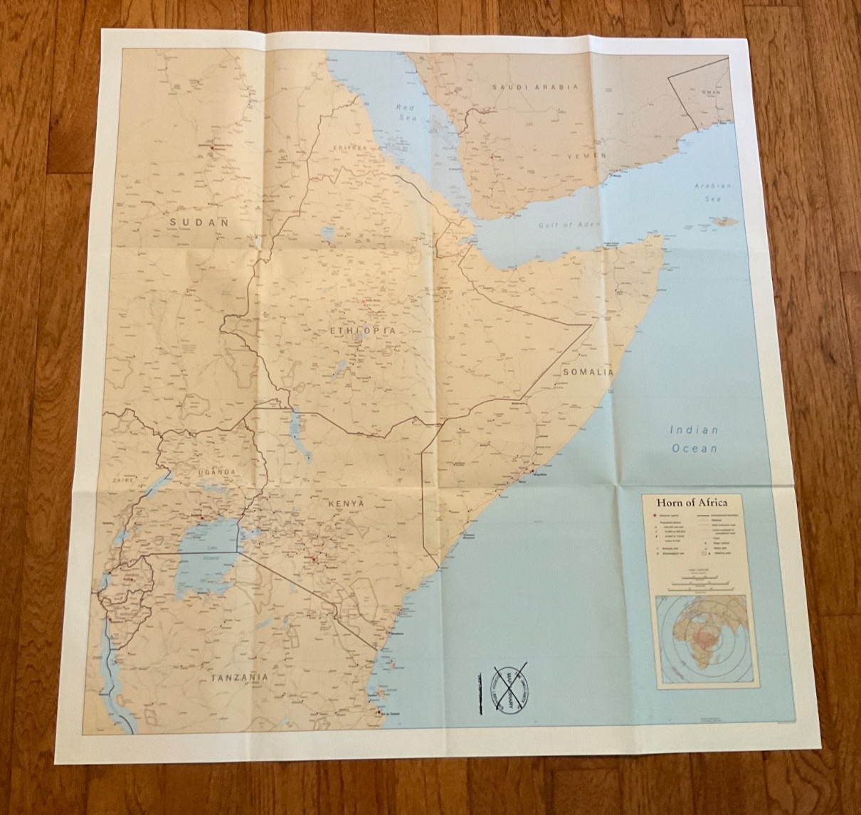 Large 2 Sided Map of The Horn Of Africa, 1994, 30 7/8 inches x 32 5/8 inches.