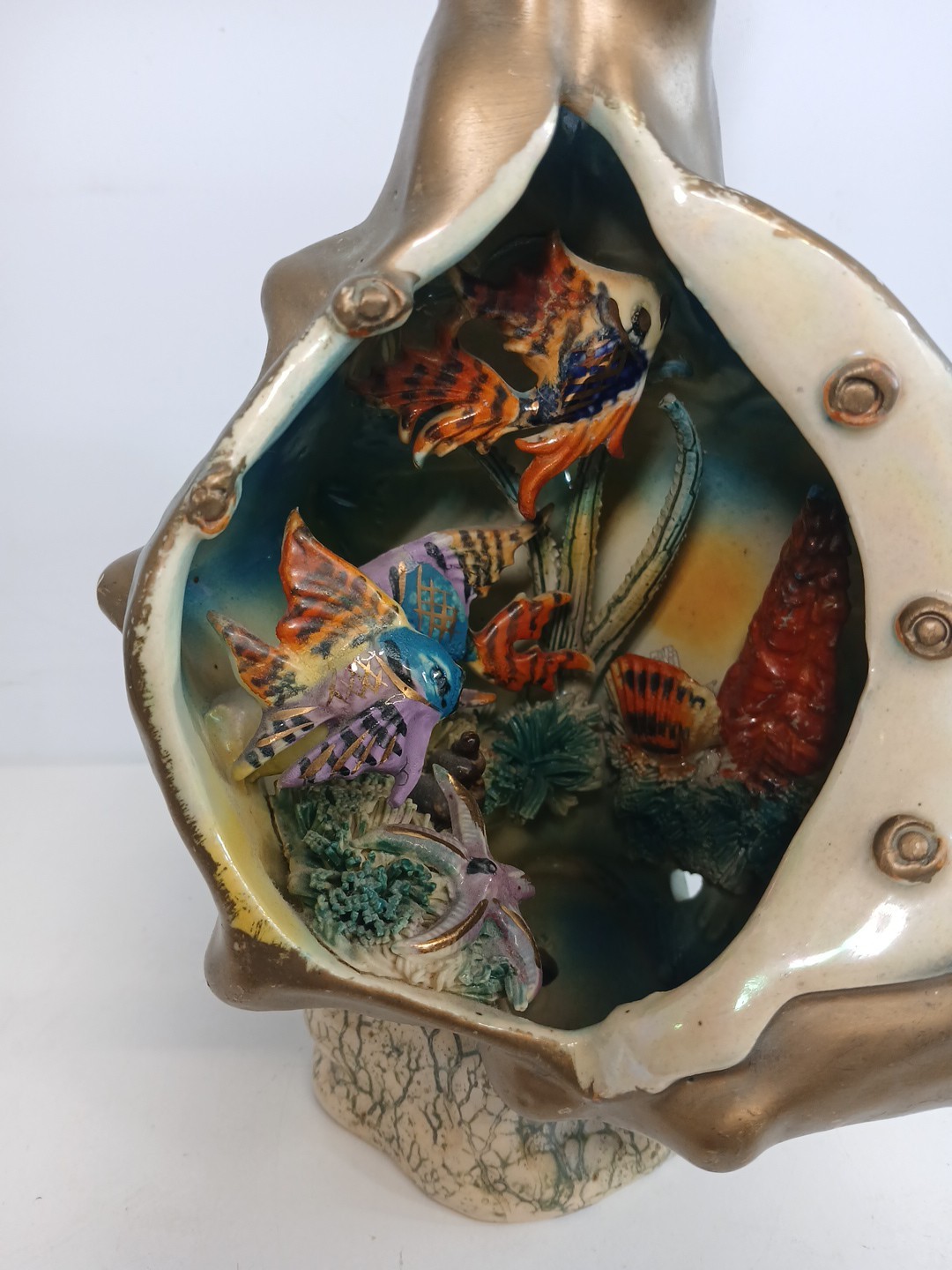Vintage Ceramic Conch Shell Shaped with Angel Fish Lamp Base VALLAURIS Style