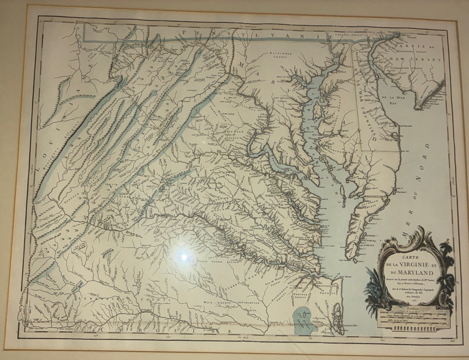 Antique 1755 Framed/Matted VAUGONDY MAP Chesapeake Virginia Maryland Delaware
