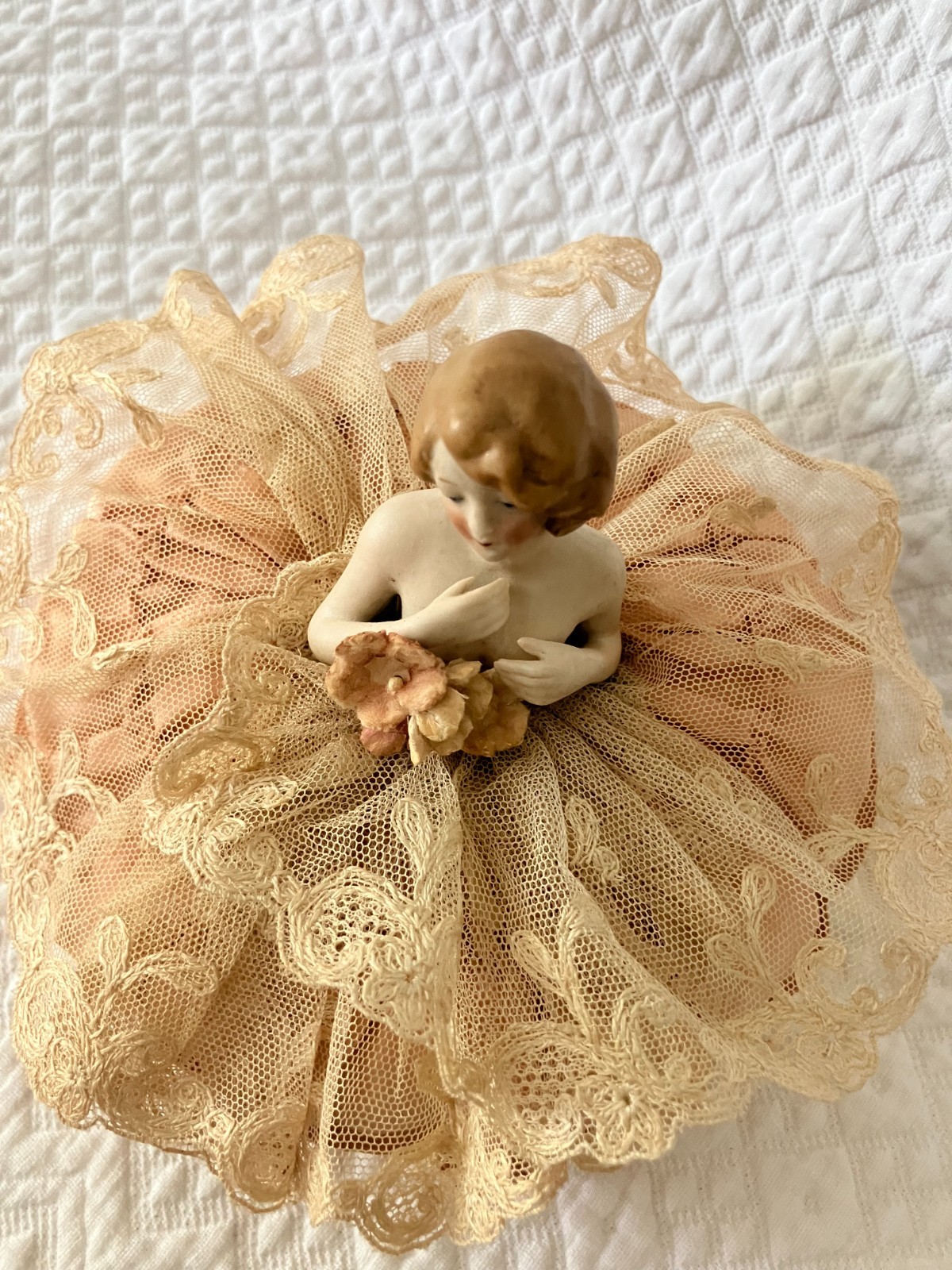 Antique Half Doll Arms Away Silk Satin & Lace Pin Cushion Germany