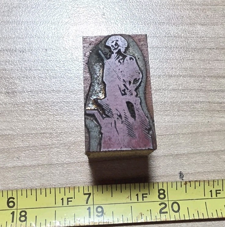 Vintage Letterpress Printing Block Revolutionary Man? Gun?