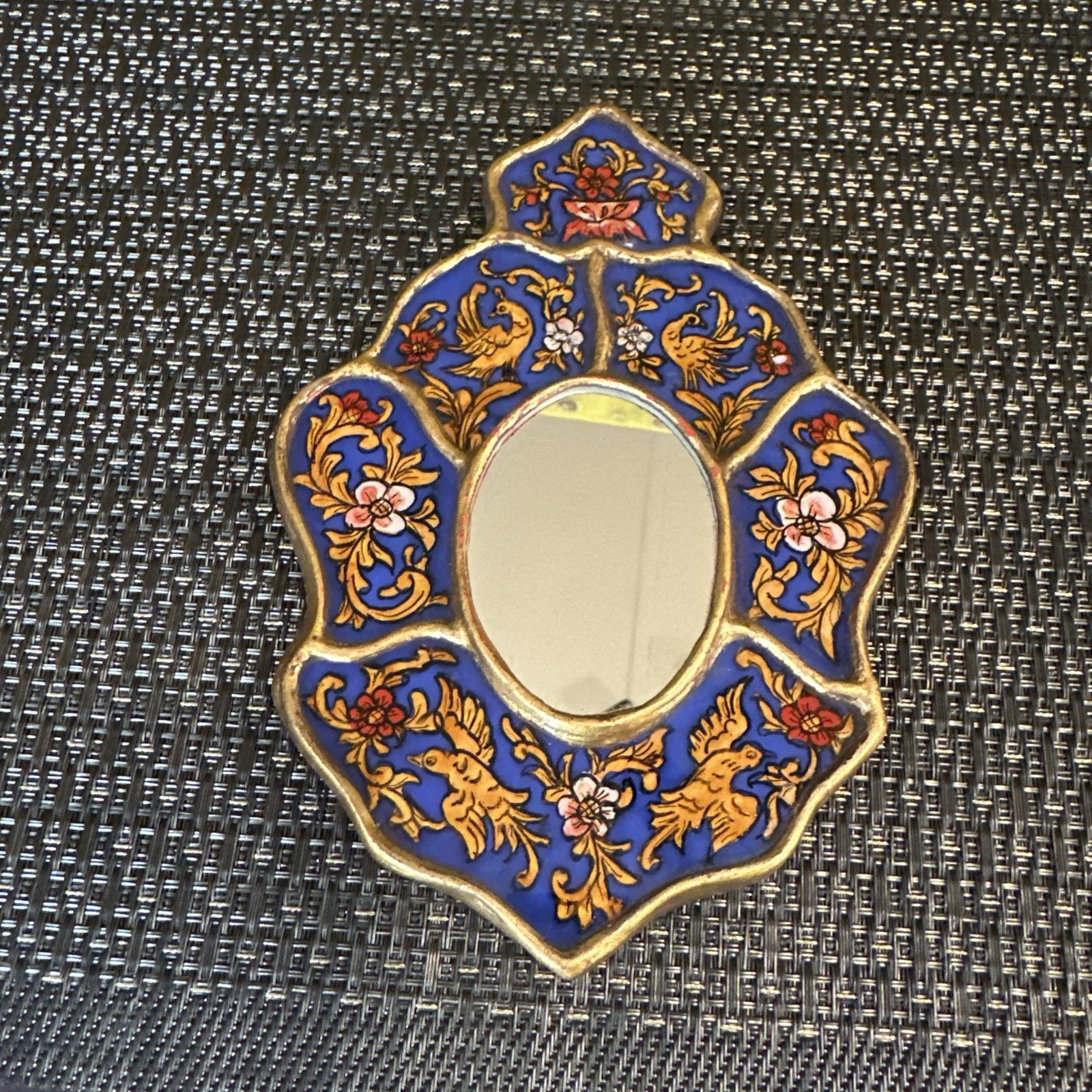 Peruvian Reverse Painted Wall Mirror Blue Gold Birds Floral Folk Art MCM 7”x5”