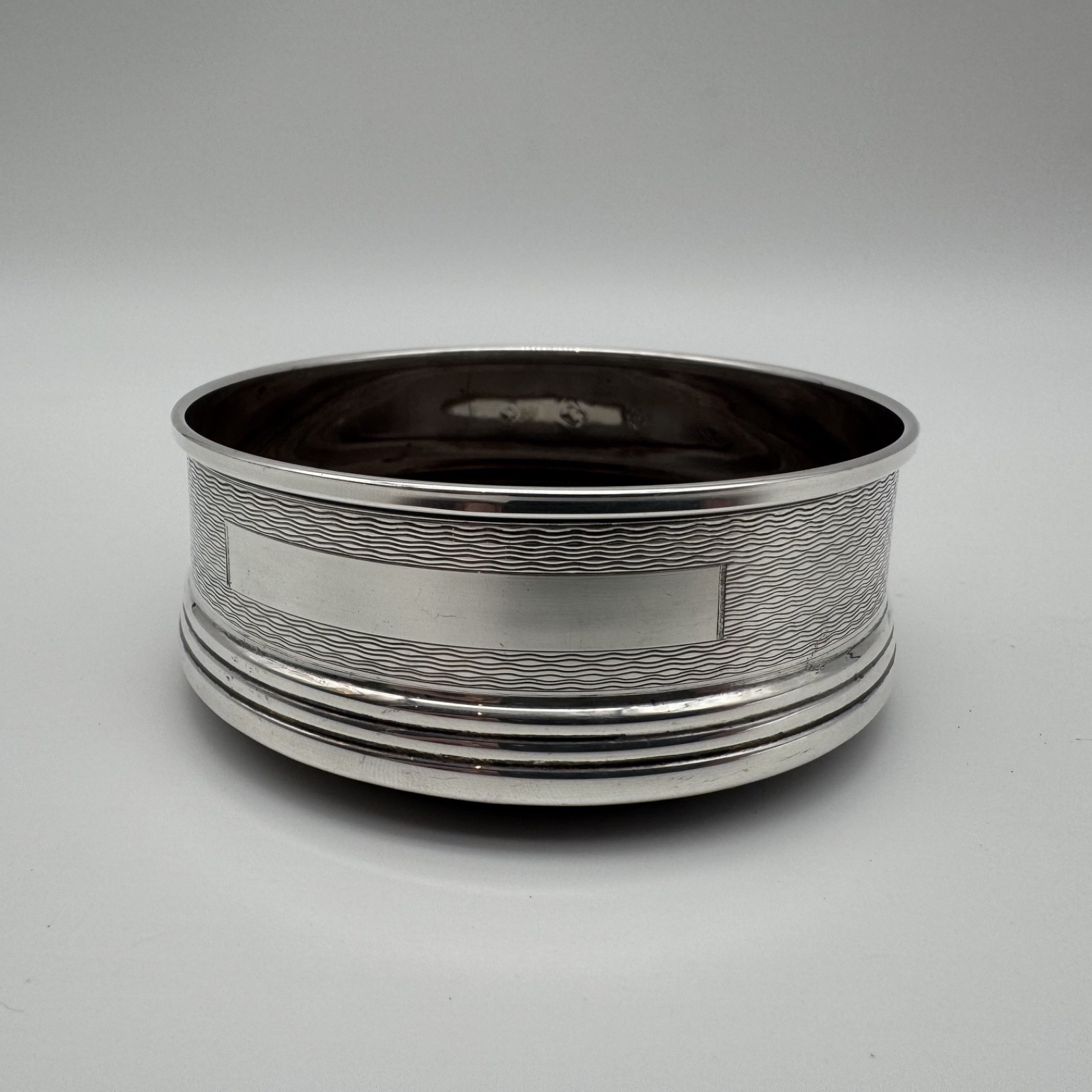 Sterling Silver and Mahogany Bottle Coaster by Broadway & Co – Birmingham 1991