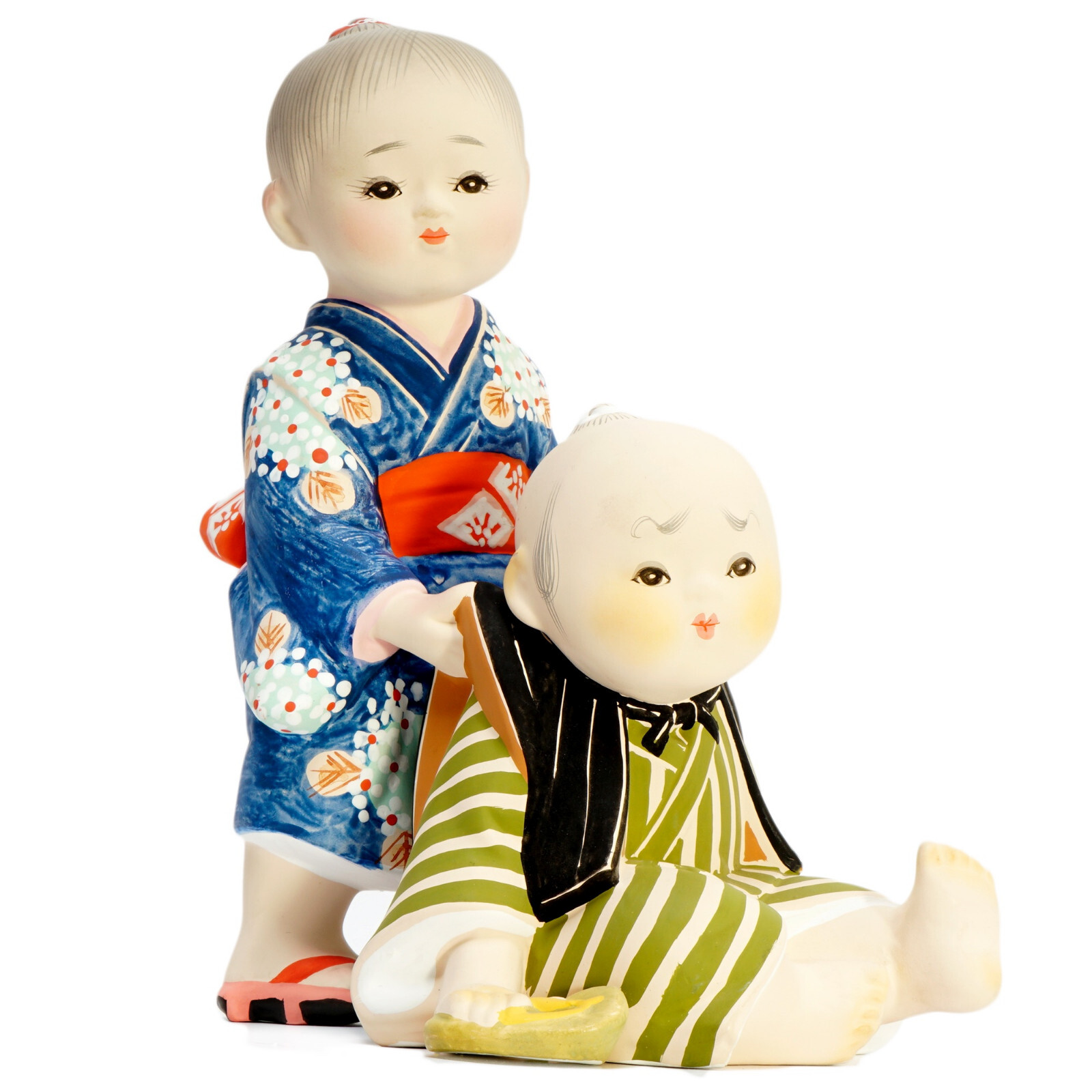 HAKATA Doll Figurine Hand Painted Chalkware Young Brother & Sister Japan