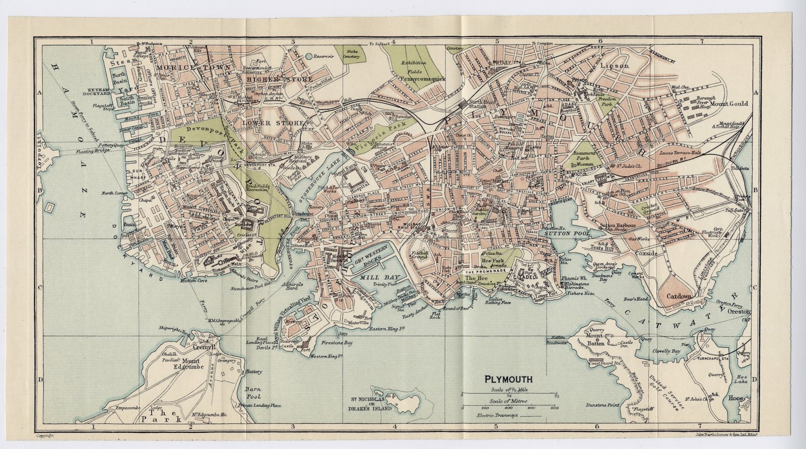 1924 ORIGINAL VINTAGE CITY MAP OF PLYMOUTH / DEVON / ENGLAND