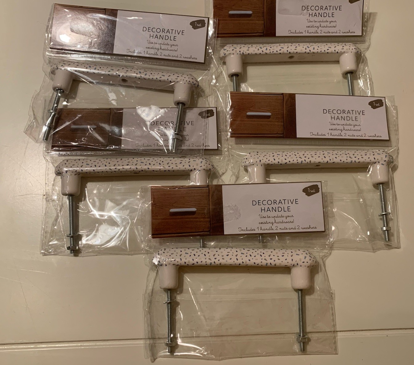 Decorative Drawer Pull Bundle; 5 Items; 4.5” Long, White With Blue, Tan Specks