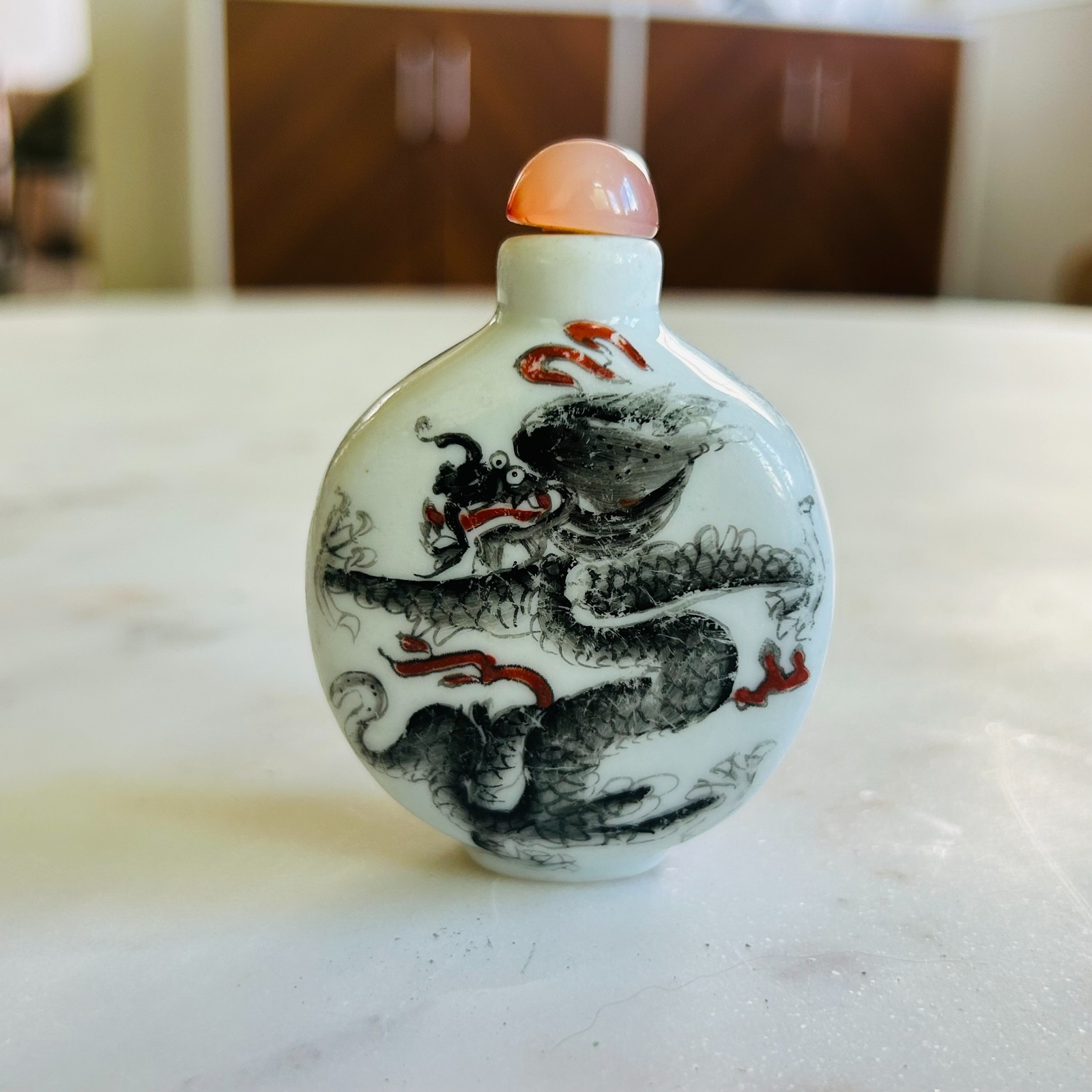 White Porcelain Vintage Dragon Foo Dog Snuff Bottle Unmarked 2.75″