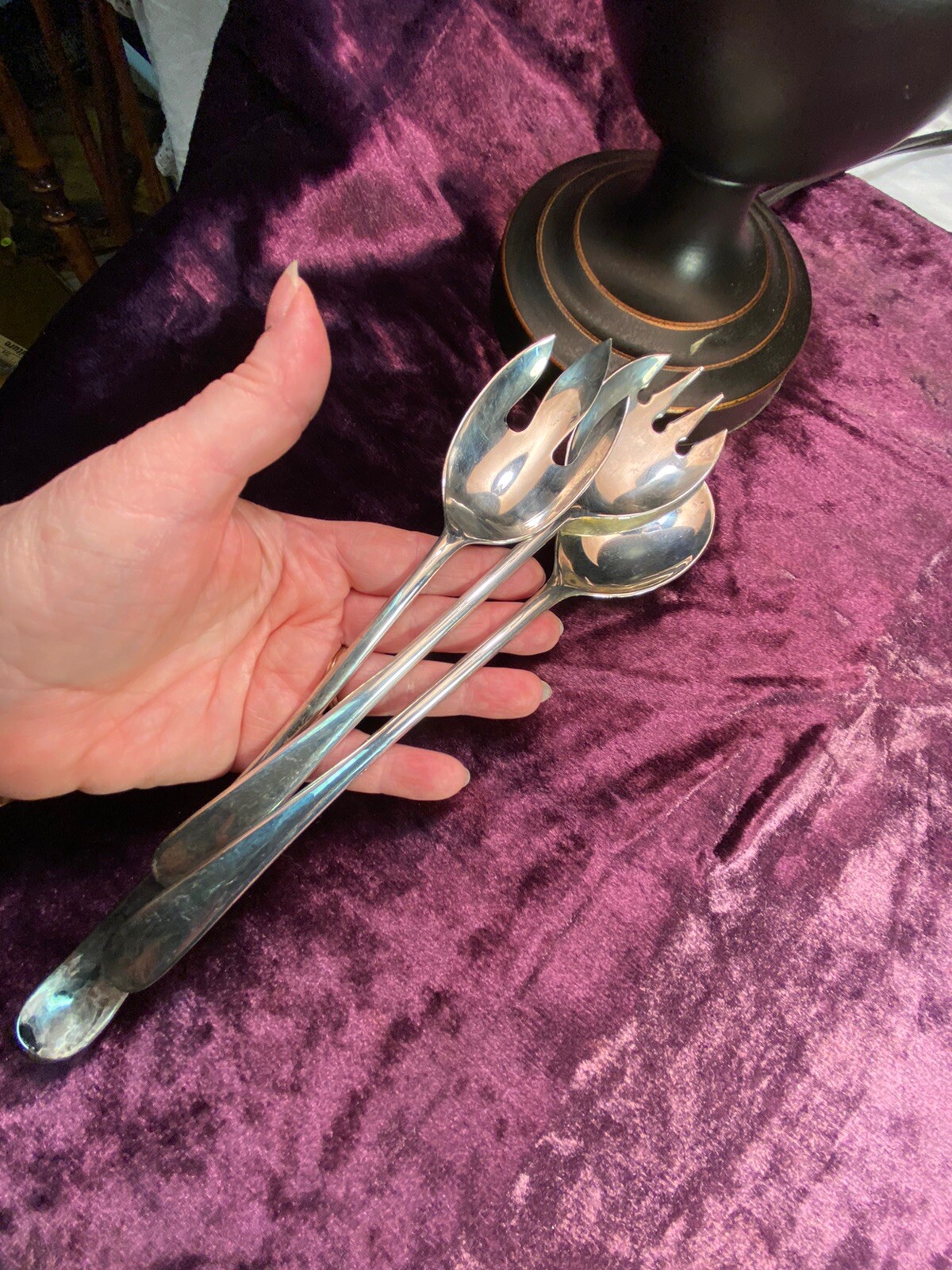 Set Of 3 Silver Plate Long Handled 10” Italy Saladspoonsforks F34