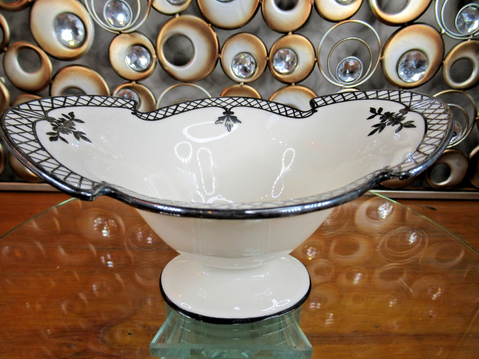 Antique Lenox Bone China Silver Overlay Art Deco Compote Pedestal Bowl