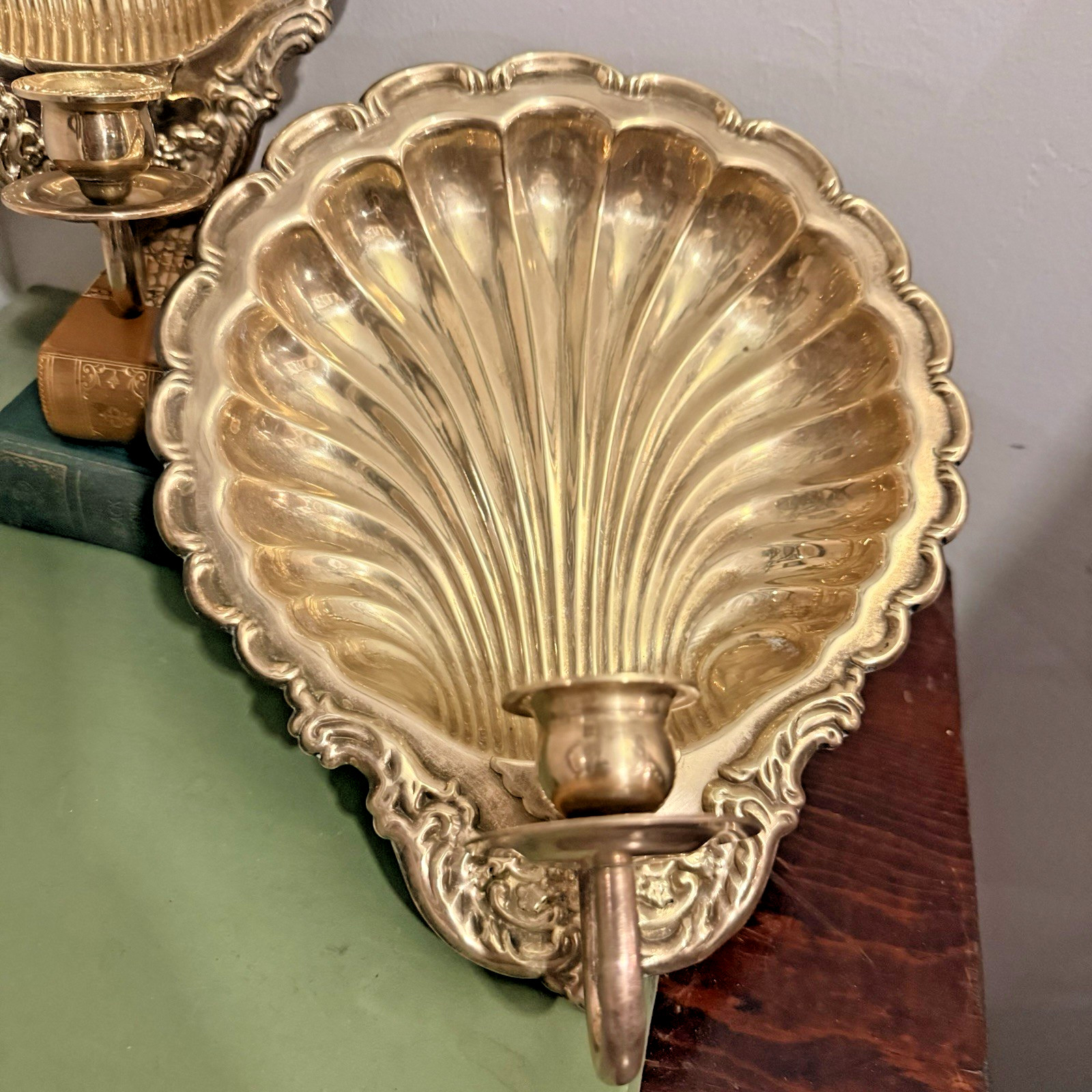 Pair Large Brass Shell Wall Sconces | Rococo Revival | Hollywood Regency