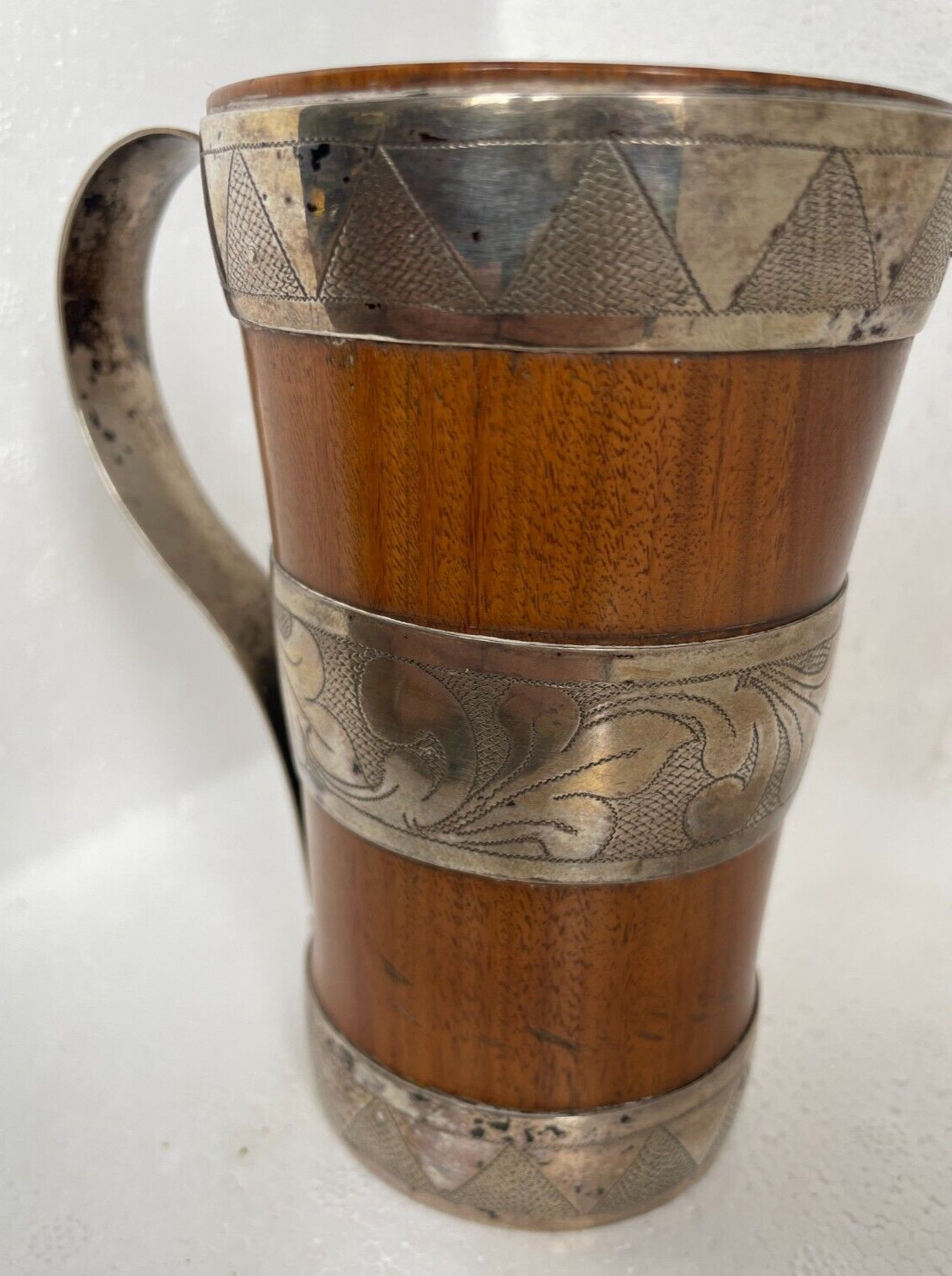 antique woodenware treen & white metal beaker of unknown origin reenactment etc