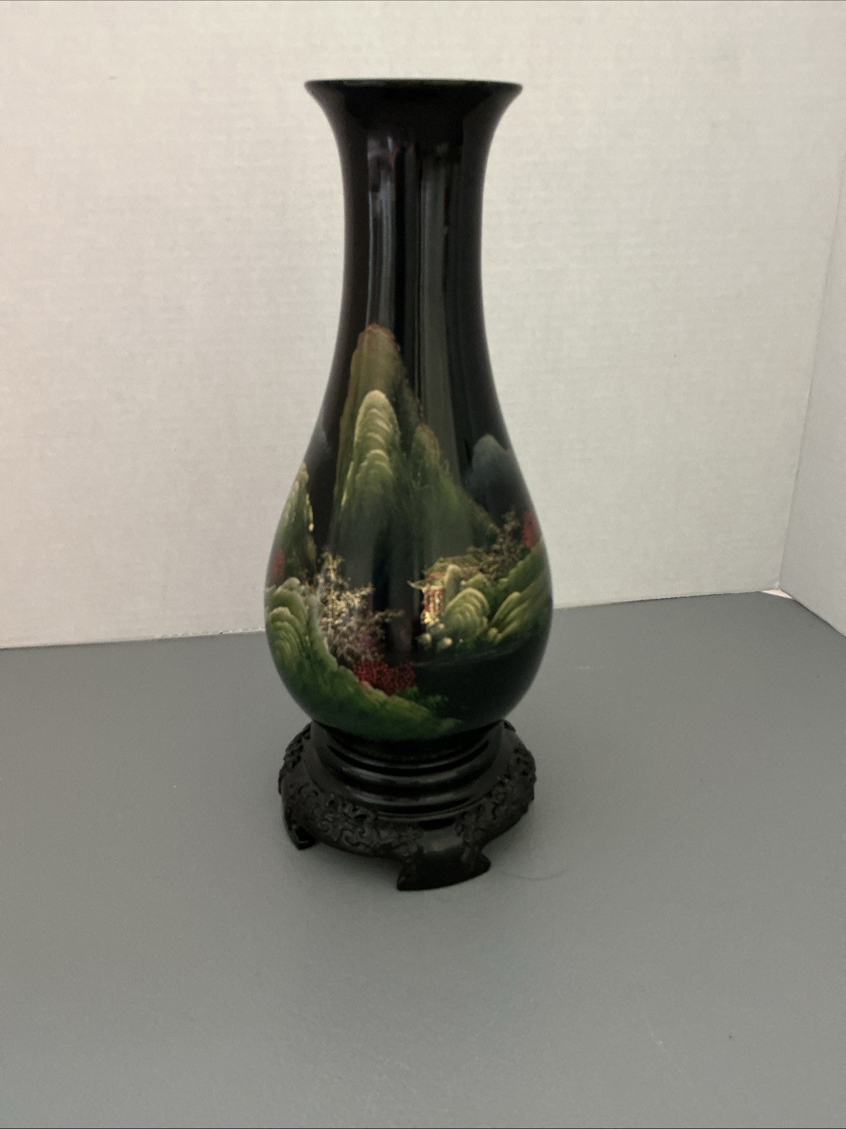 Vintage Foochow Lacquer Vase Black Red Green Gold Fuzhou, 9 3/8” Tall, Footed