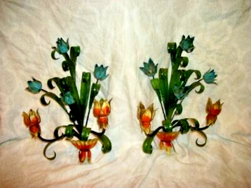 Italian Tole Cottagecore Candle Sconces Flowers Metal Aqua Orange 1960s Vintage
