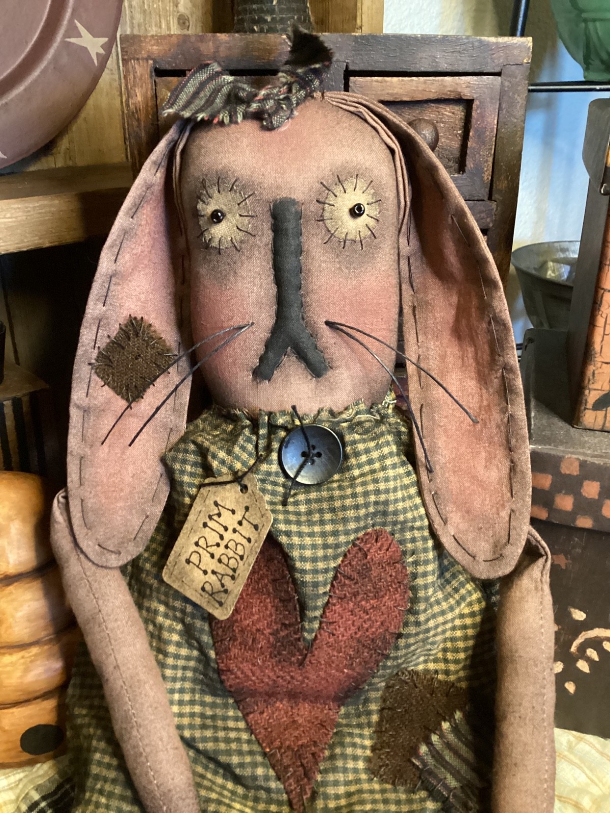 Primitive RABBIT DOLL BUNNY Handmade OOAK Signed Dated THREADBARE PRIMITIVES