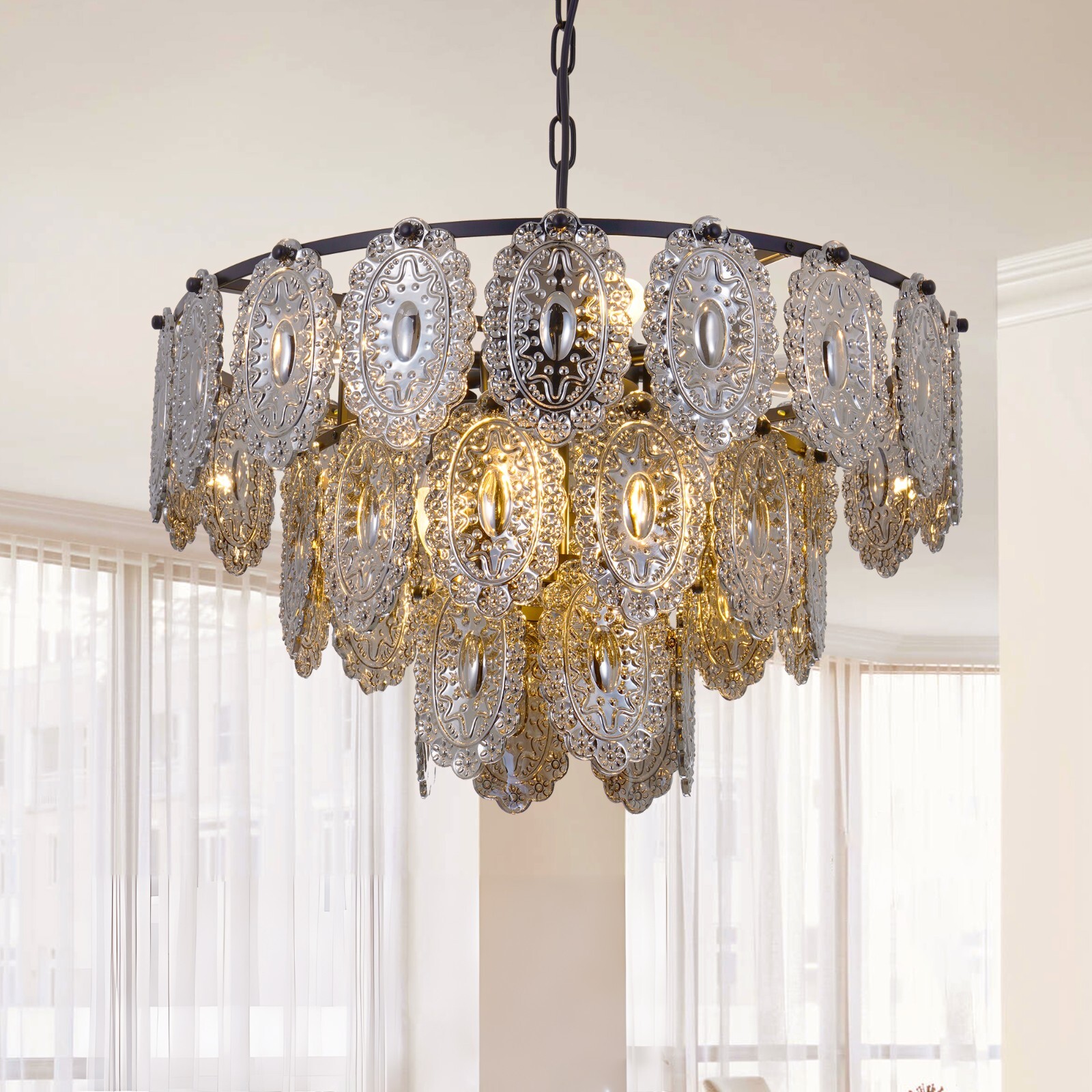 23.6″ Vintage Glass Shield Chandeliers 8-Light 3-Layer Gray Crystal Pendant Lamp