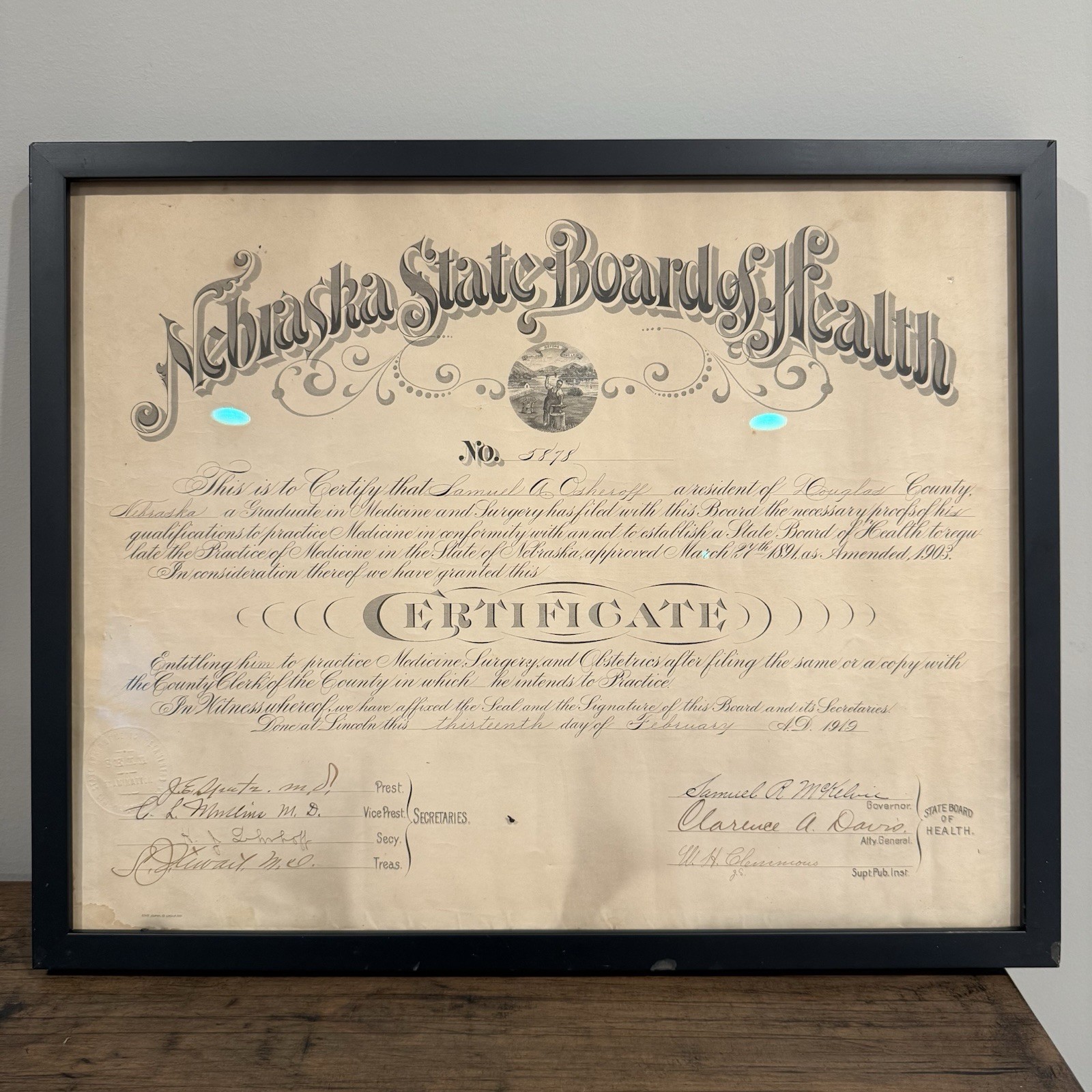 1919 Nebraska State Board of Health Medical License Certificate Samuel Osheroff