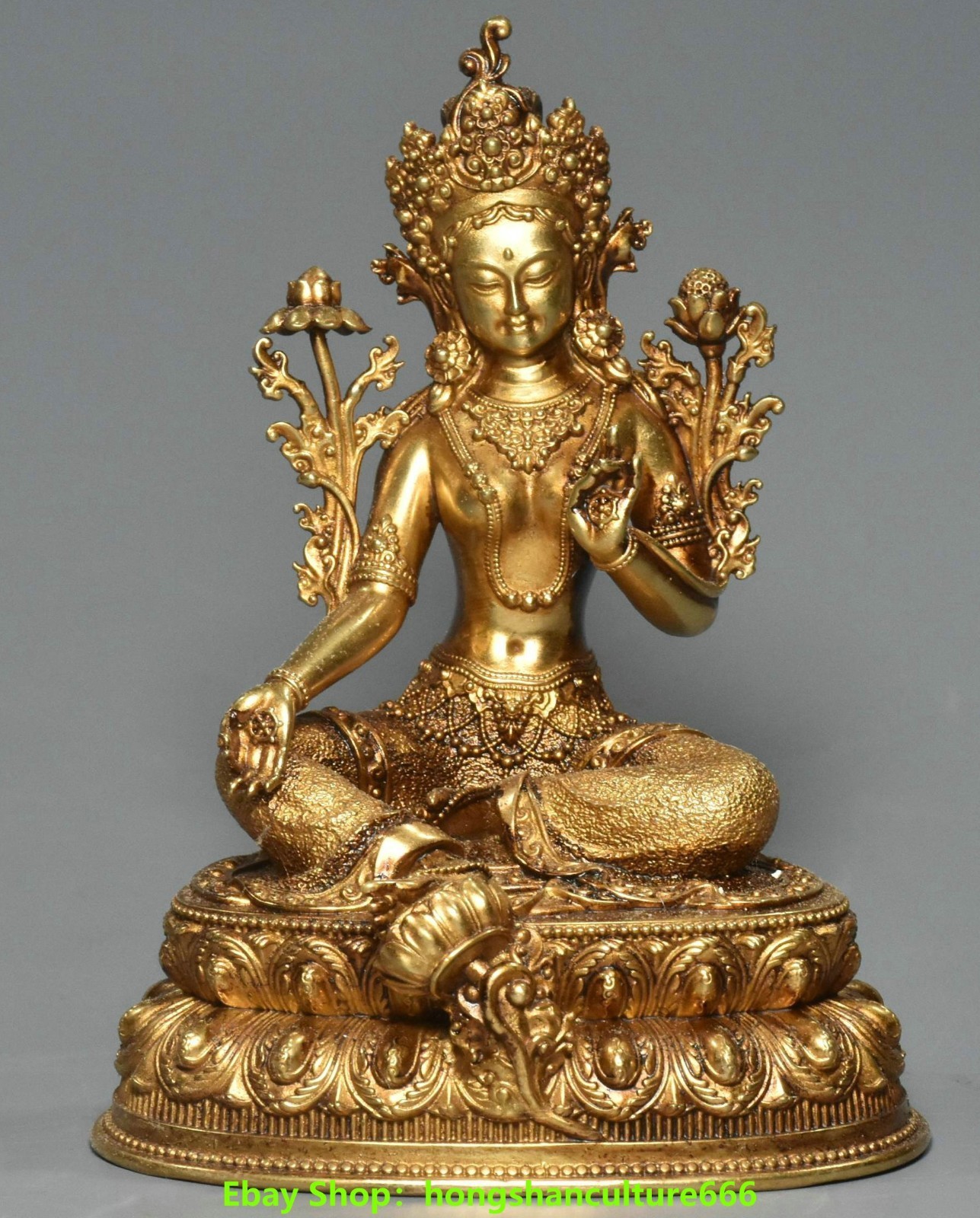 4.3″old Tibet Buddhism Bronze Gilt green Tara Kwan-Yin GuanYin Buddha Statue