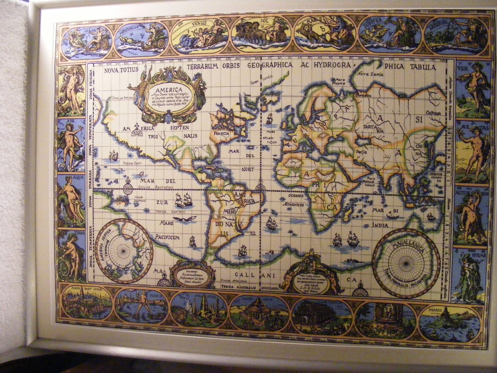 Vintage antique reproduction Framed RARE cloth Blaeu Wall Map of America