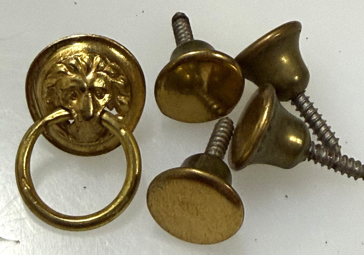 Vintage Mid Century Modern Small Round Brass 4 Drawer Pull Knobs + Lion’s Head
