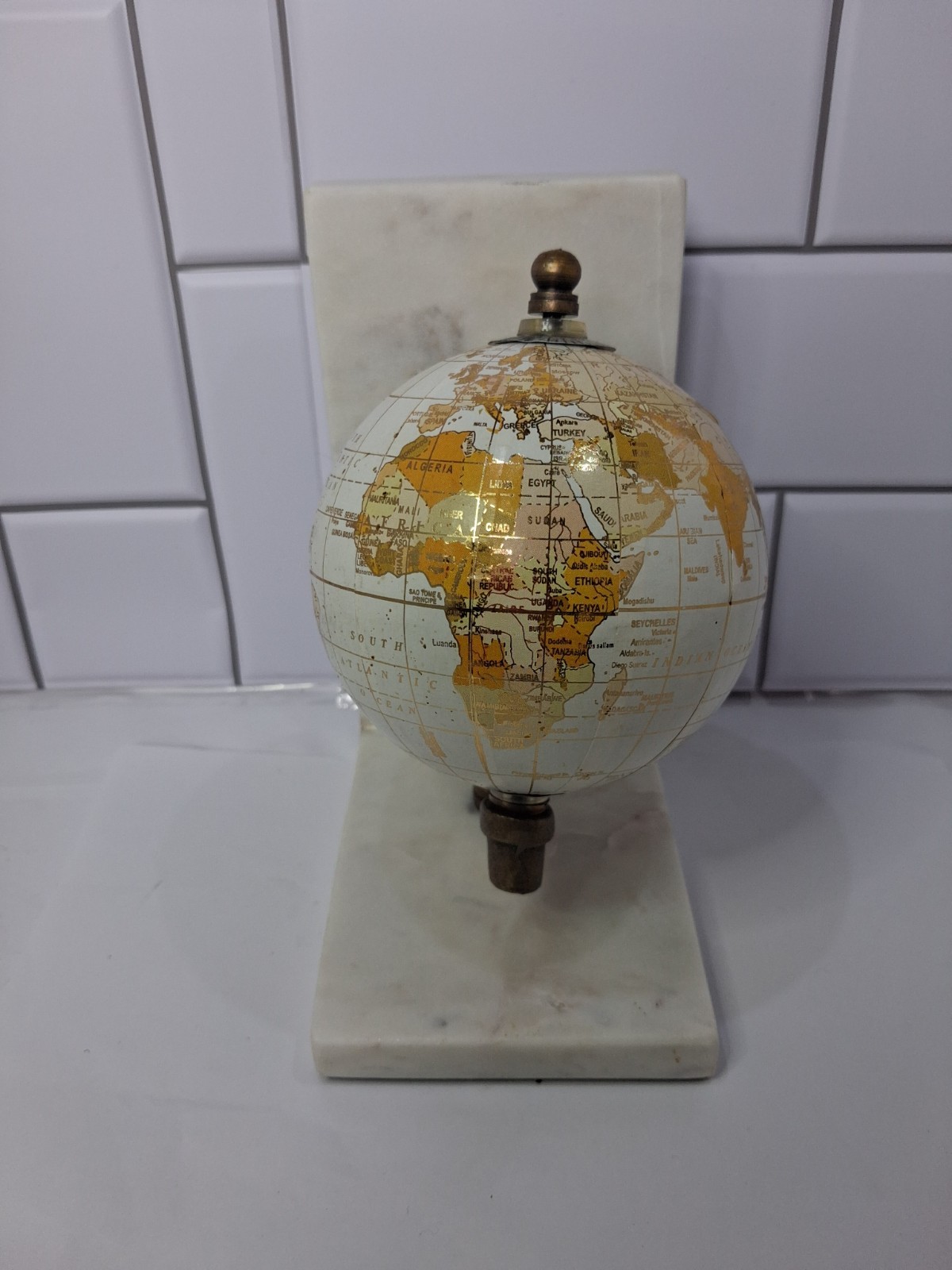 White World Globe Mounted on Marble BOOKEND/DESK/MANTEL/OFFICE Decor