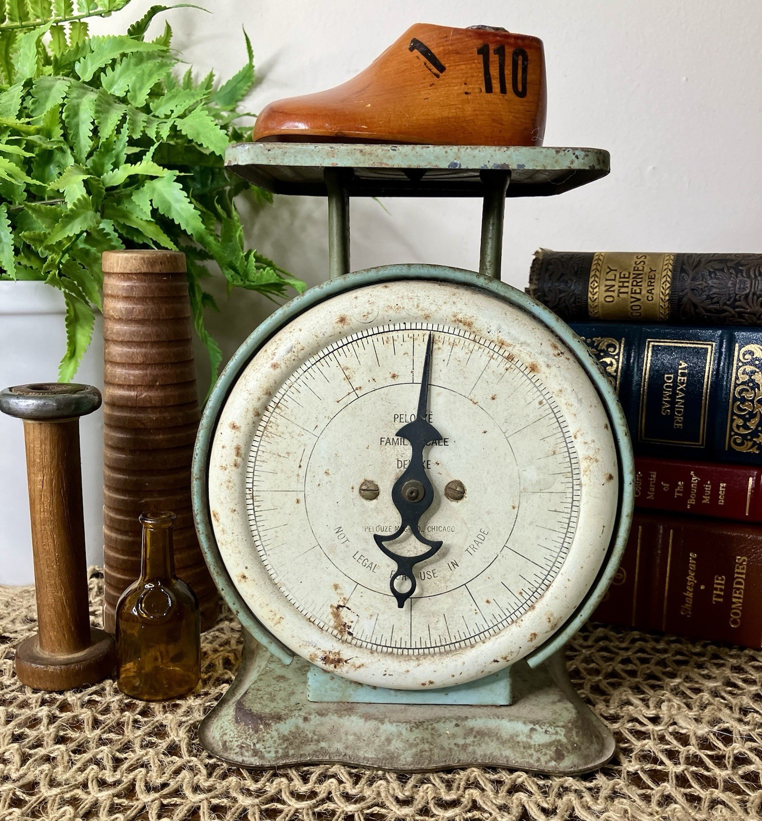 Vintage Pelouze Family Kitchen Scale Deluxe Green/Blue Rusty Worn Decor Chicago