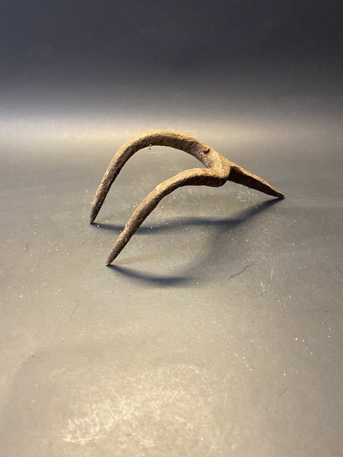 Vintage Primitive Cast Iron Steel Two Prong Mini Rake Blade