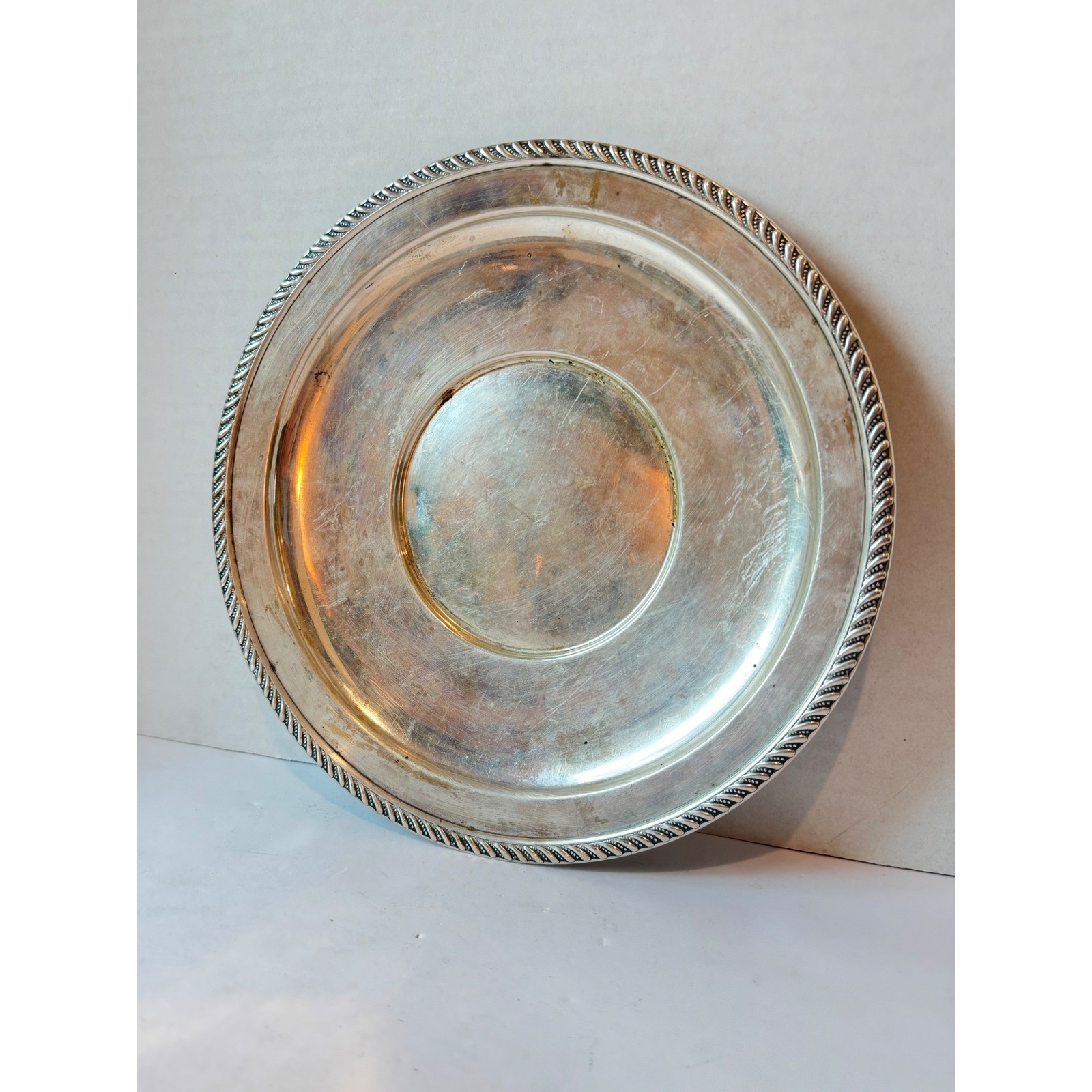 P.S. CO Sterling Silver Tray Plate 9.5″ Silver Gadroon Rope Edge 206 grams Dents